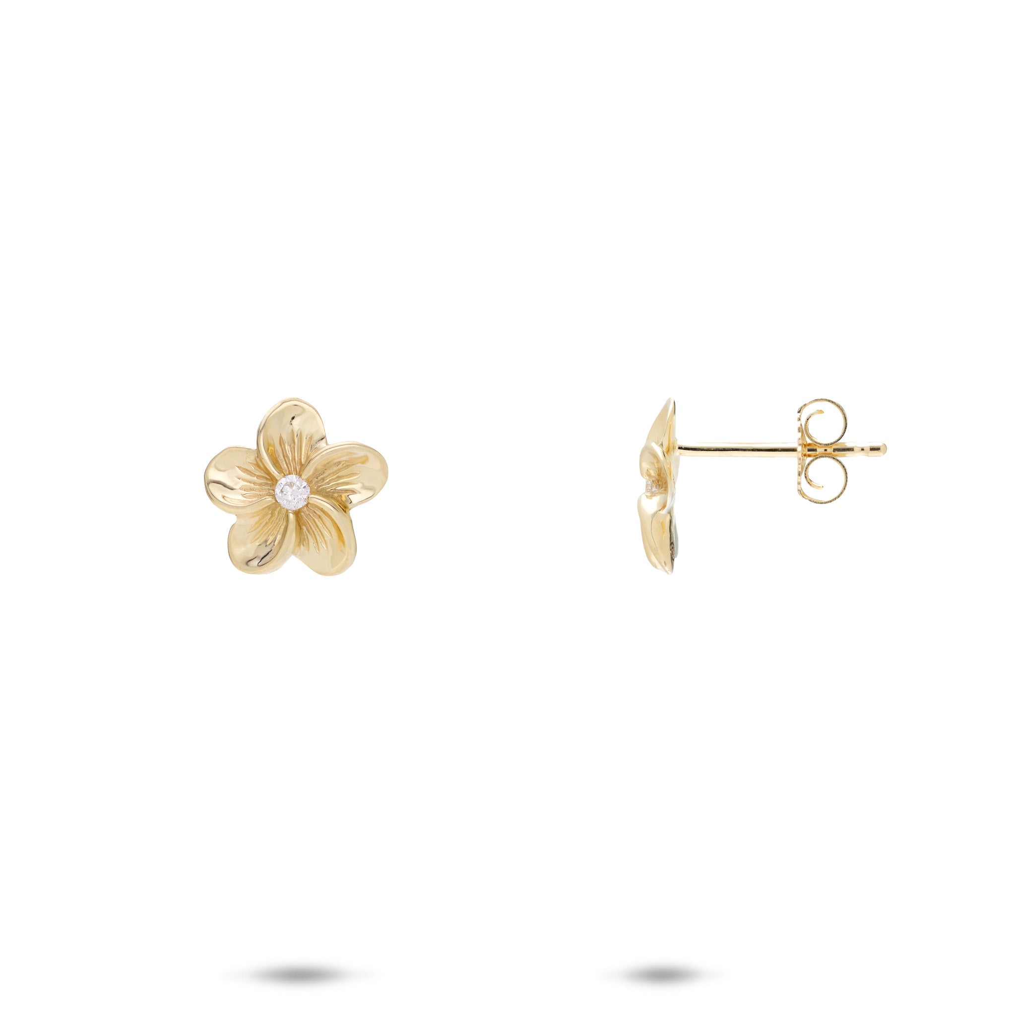 Hawaiian Heirloom Plumeria Earrings in Gold with Diamonds - 9mm