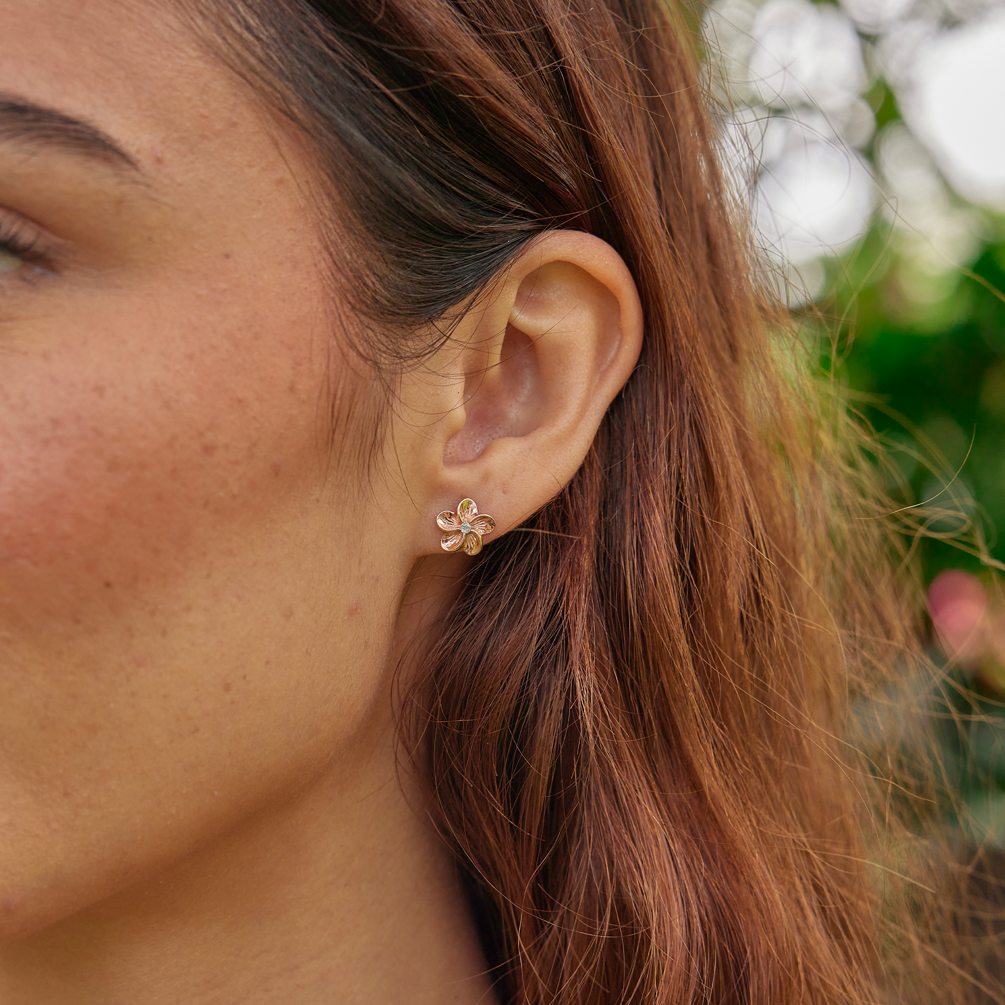 Hawaiian Heirloom Plumeria Earrings in Rose Gold with Diamonds - 9mm