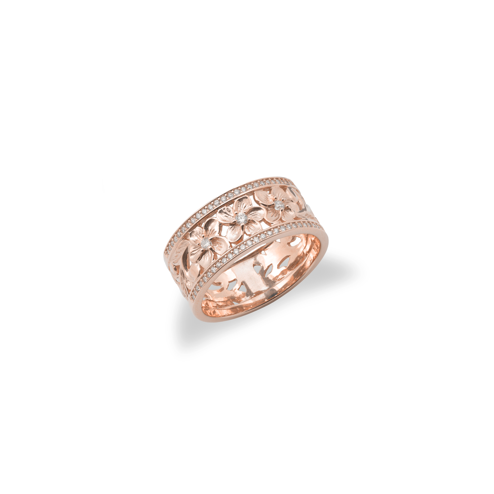 Anneau de plumeria héritage hawaïen en or rose avec diamants - 10 mm