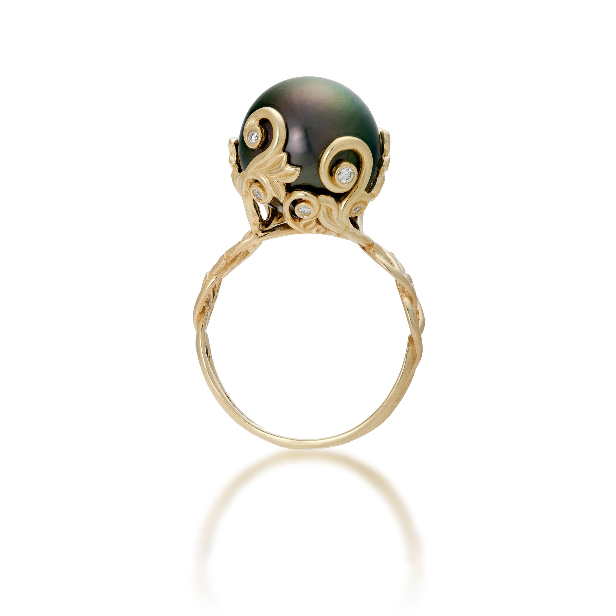 Side view of the Living Heirloom Tahitian Black Pearl Ring in Gold with Diamonds on a white background