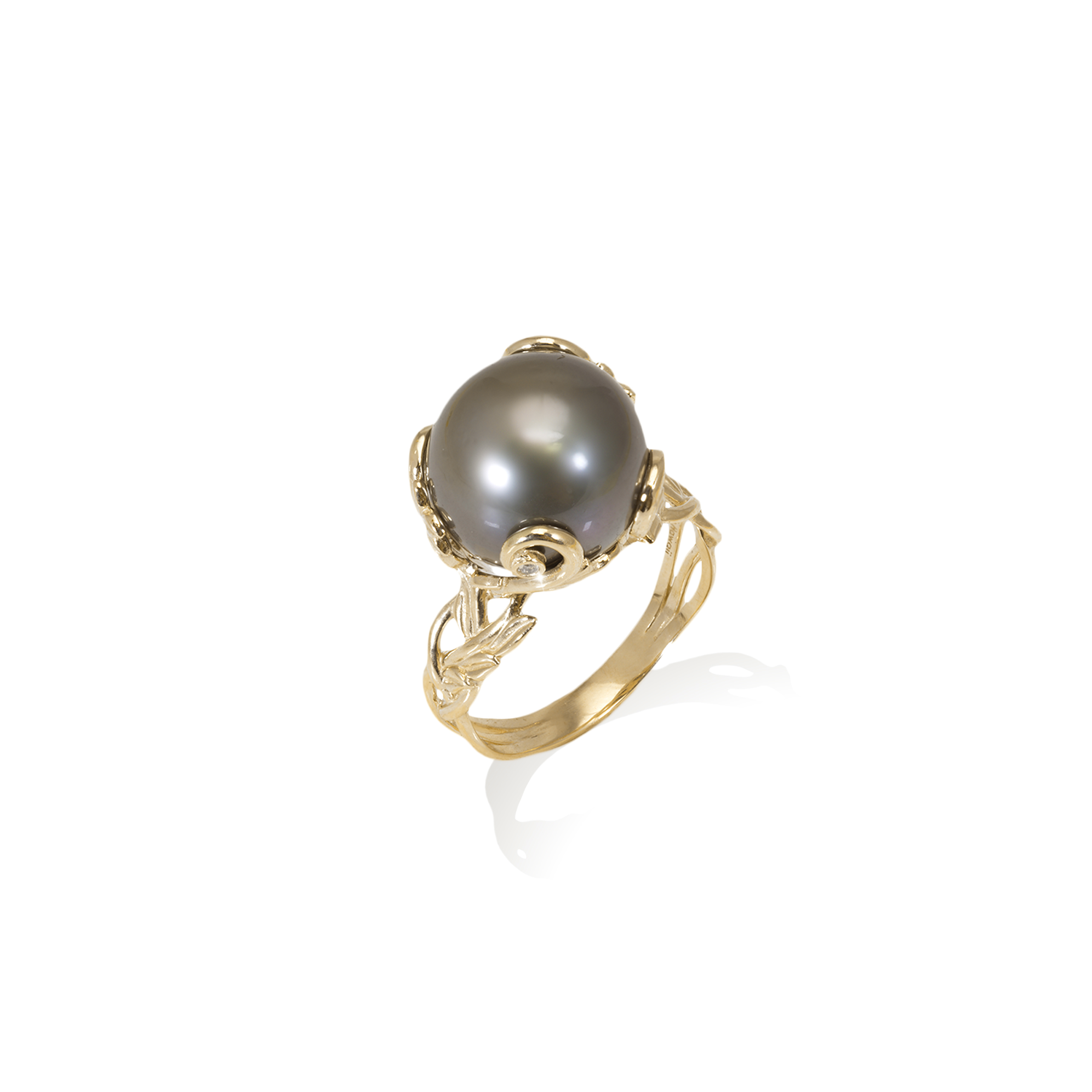 Anneau de perle noir tahitien vivant en or avec diamants - 12-13 mm