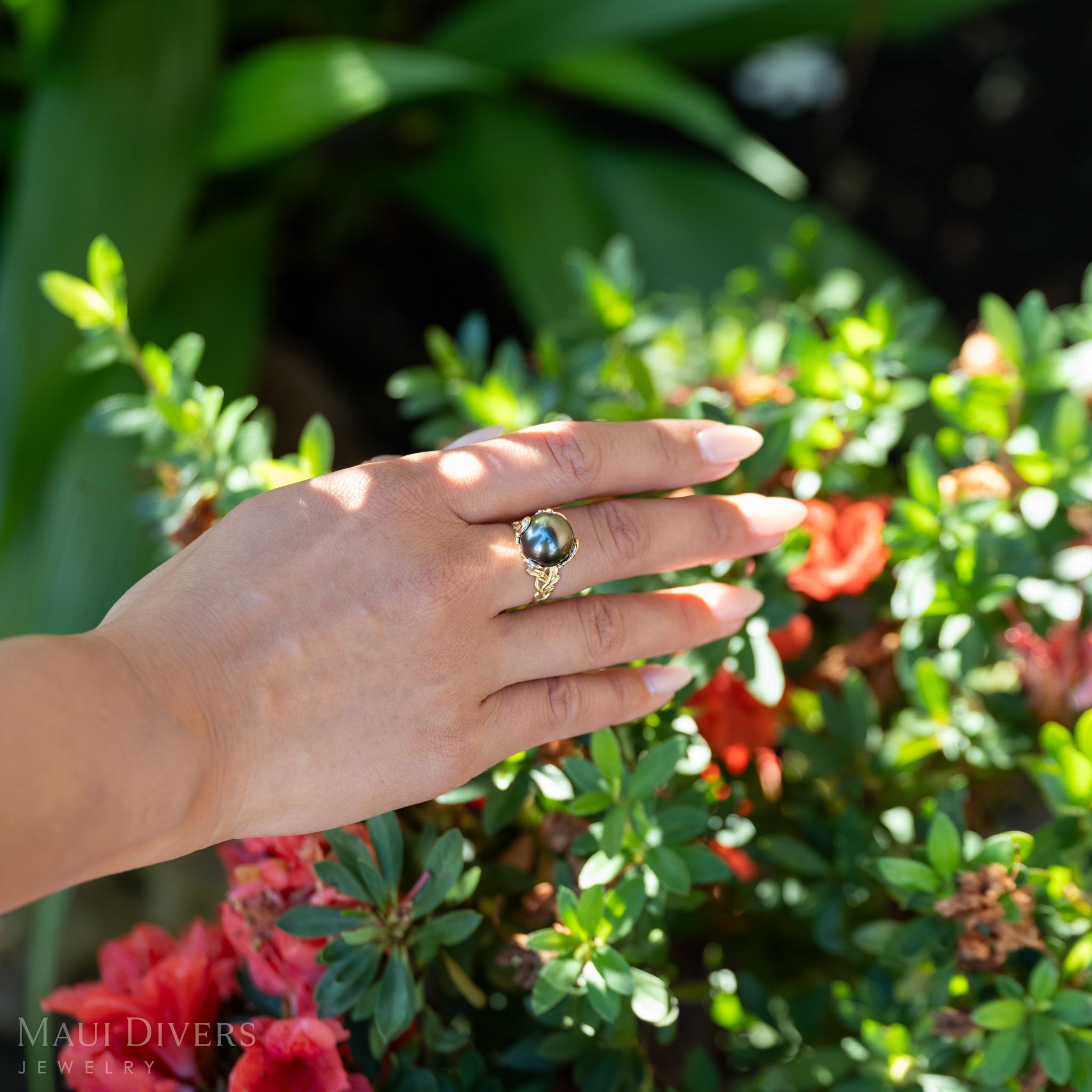 Hand wearing a Tahitian black pearl ring in gold against a natural background with greenery and flowers.