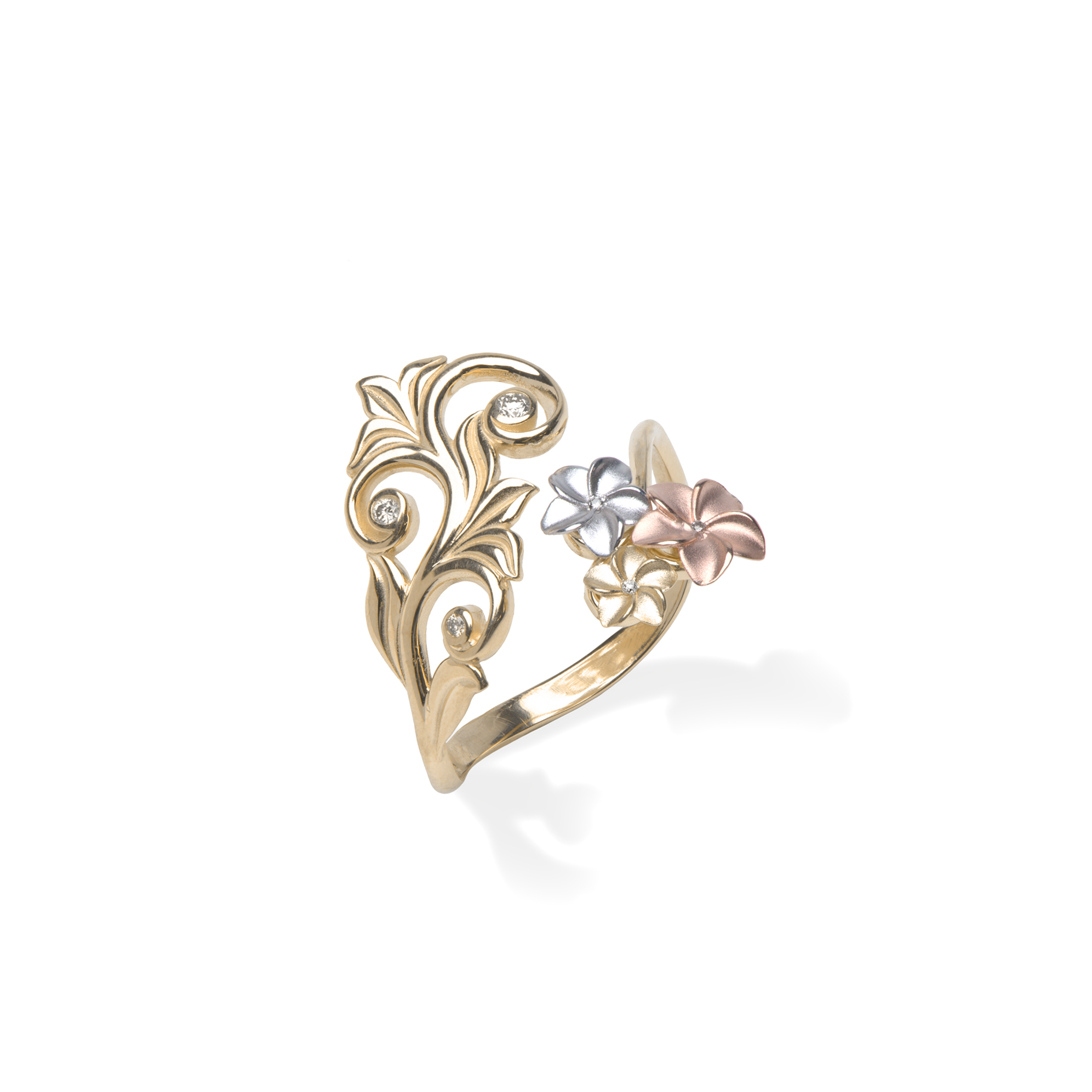 Living Heirloom Plumeria Ring in Tri Color Gold with Diamonds