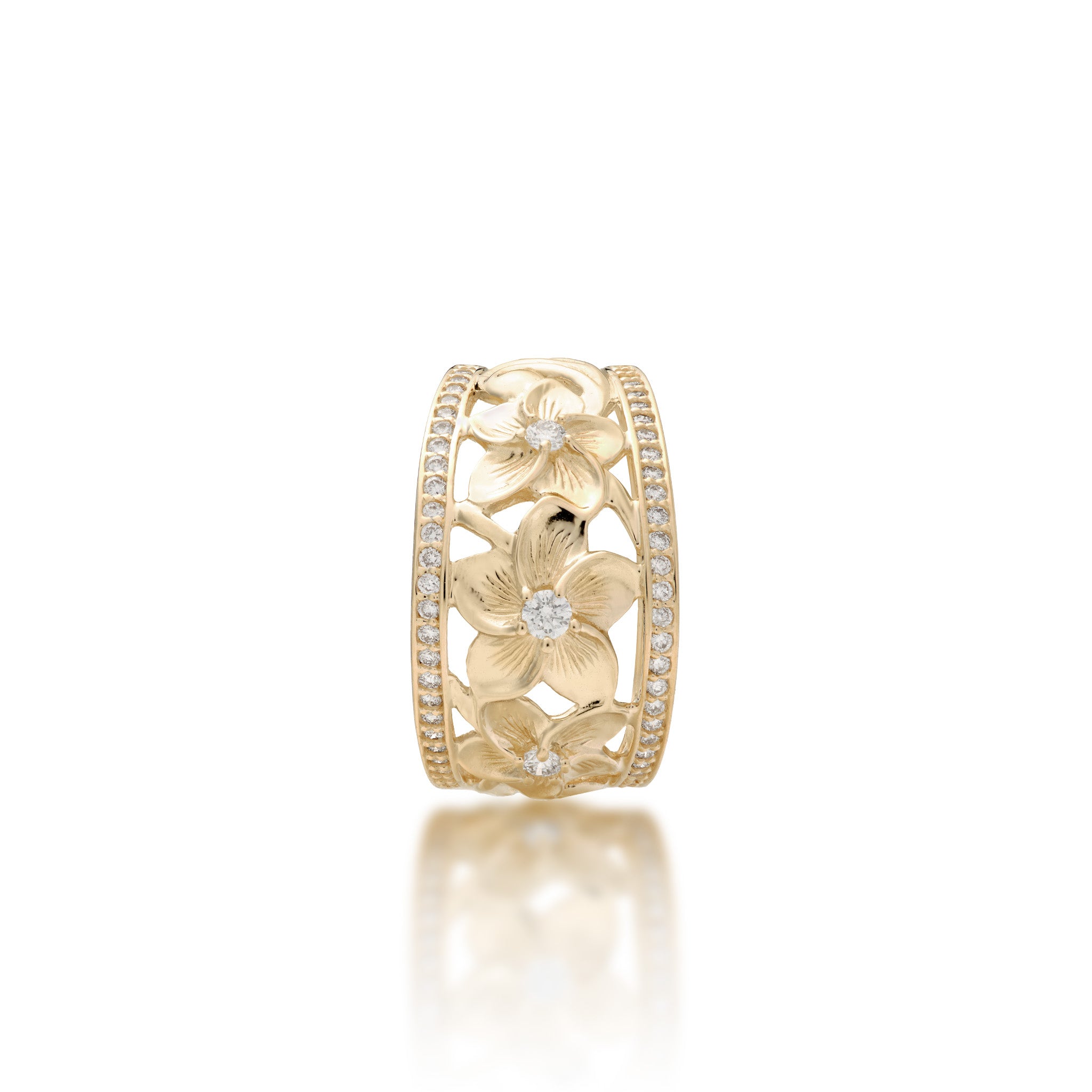 Top  view of the 13mm Hawaiian Heirloom Plumeria Ring in Gold with Diamonds on white background