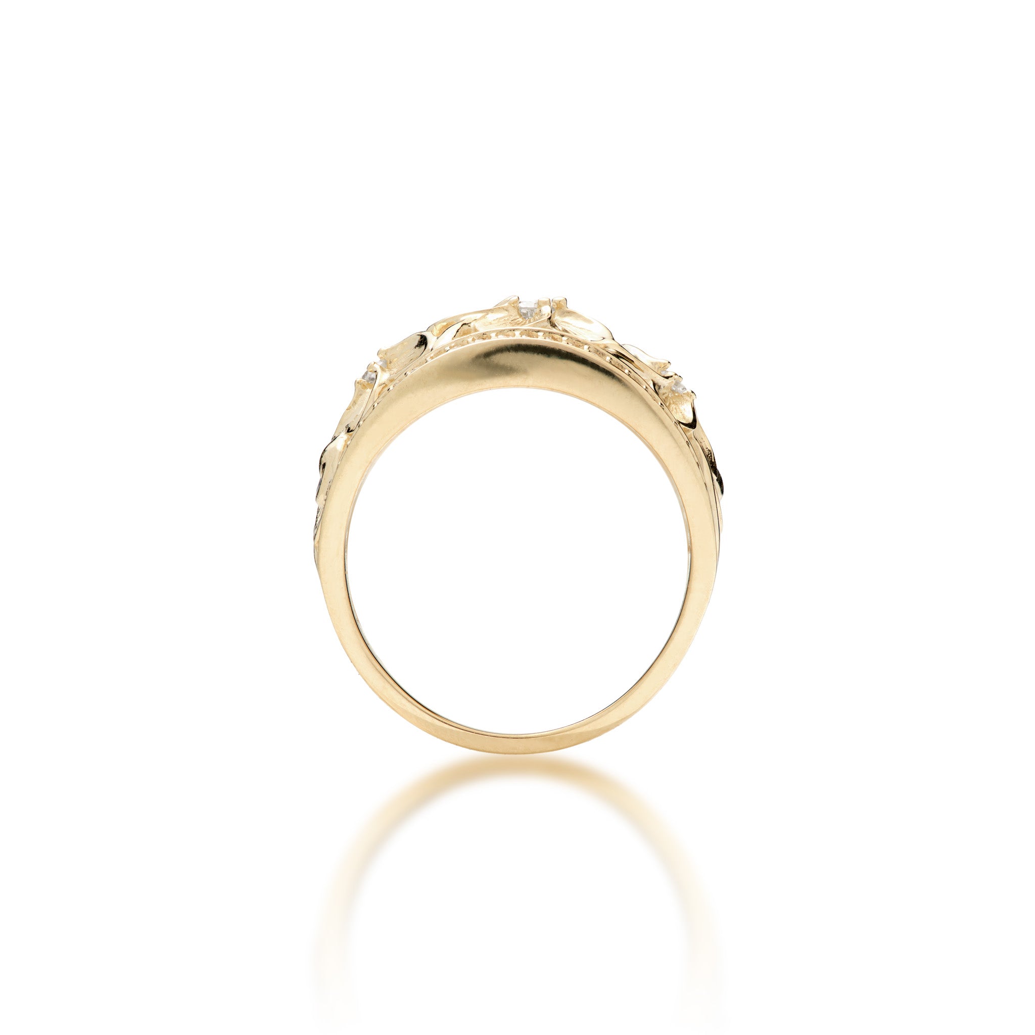 Side view of the 13mm Hawaiian Heirloom Plumeria Ring in Gold with Diamonds on white background