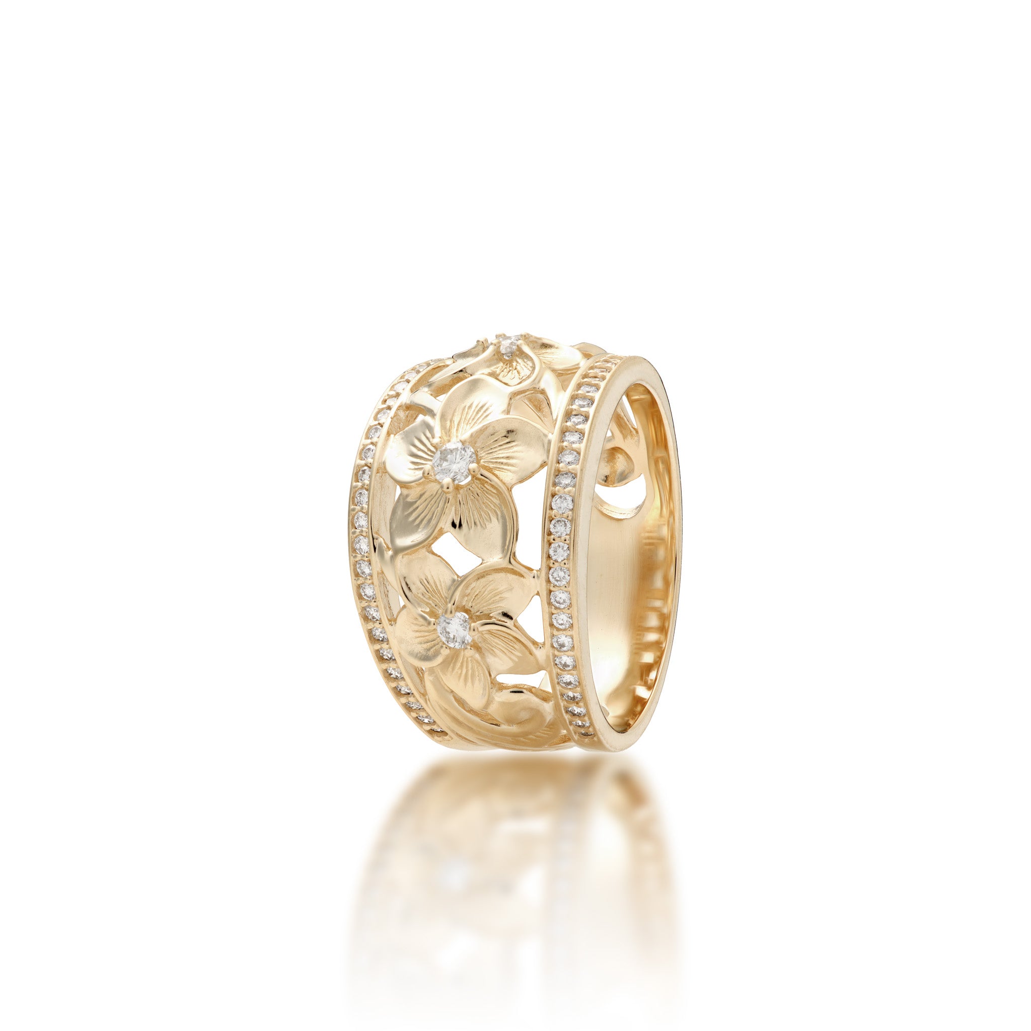 Angle view of the 13mm Hawaiian Heirloom Plumeria Ring in Gold with Diamonds on white background