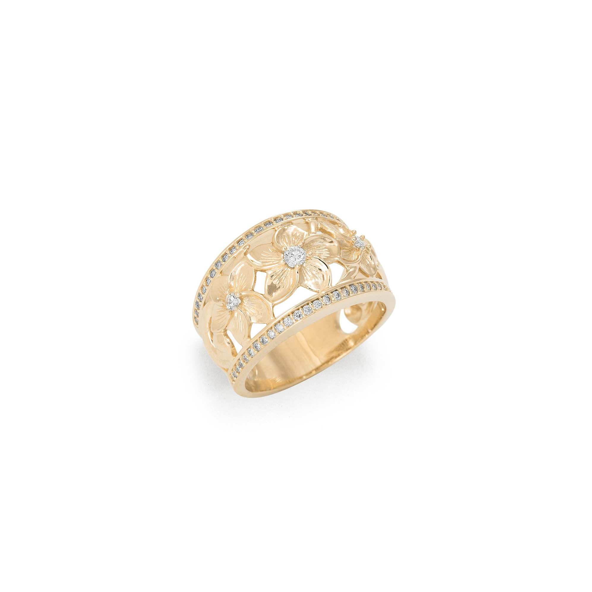 Hawaiian Heirloom Plumeria Ring in Gold with Diamonds - 13mm