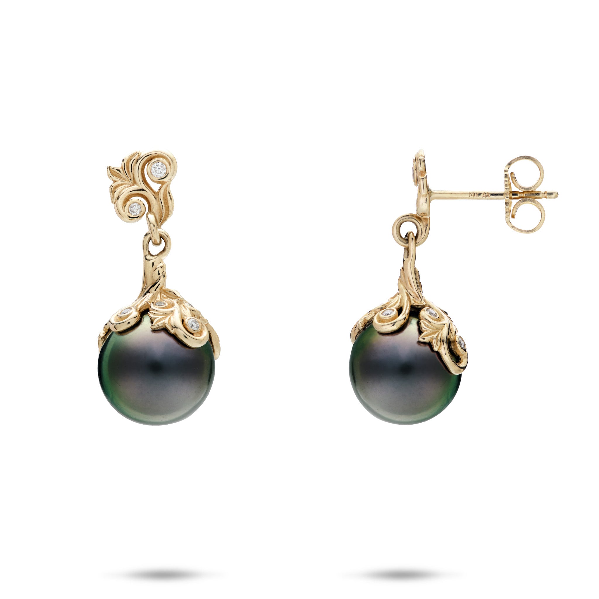 Living Heirloom Tahitian Black Pearl Stud Earrings in 14k Yellow Gold with Diamonds on a white background