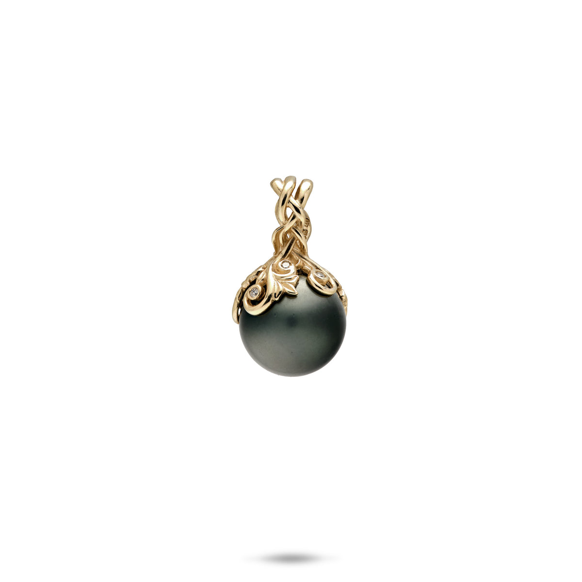 9-10mm Living Heirloom Tahitian Black Pearl Pendant with ornate gold design in 14k yellow Gold of winding maile leaves and hapuʻu ferns, diamond detail; placed on a white background