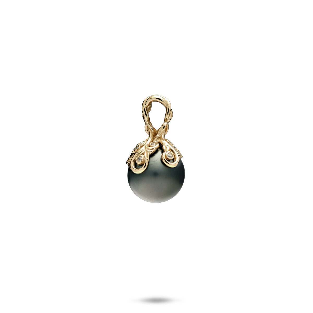 Side view of a 9-10mm Living Heirloom Tahitian Black Pearl Pendant with ornate gold design in 14k yellow Gold of winding maile leaves and hapuʻu ferns, diamond detail; placed on a white background
