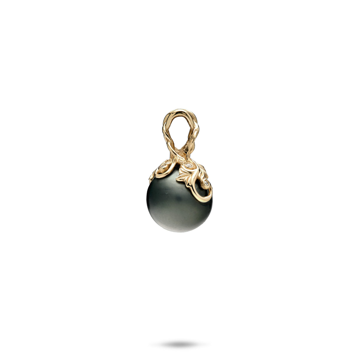 Side view of a 9-10mm Living Heirloom Tahitian Black Pearl Pendant with ornate gold design in 14k yellow Gold of winding maile leaves and hapuʻu ferns, diamond detail; placed on a white background