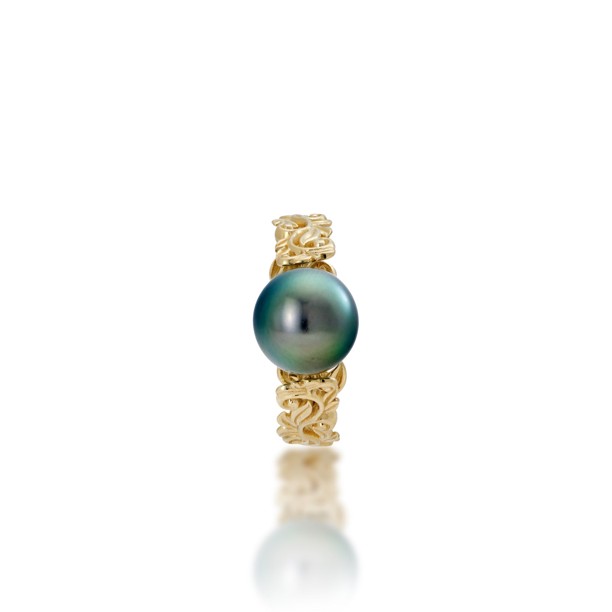 Top view of the Living Heirloom Tahitian Black Pearl Ring in 14k Yellow Gold on a white background