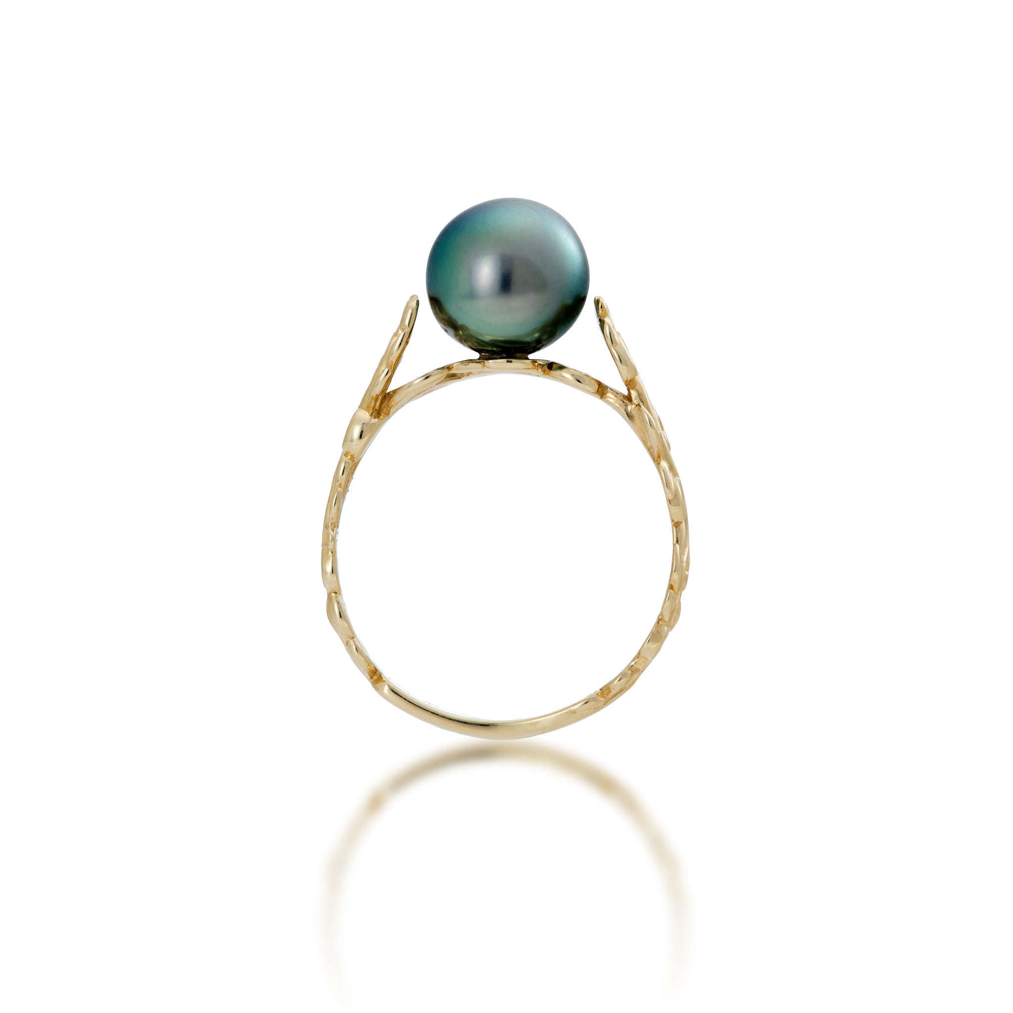 Side view of the Living Heirloom Tahitian Black Pearl Ring in Gold on a white background