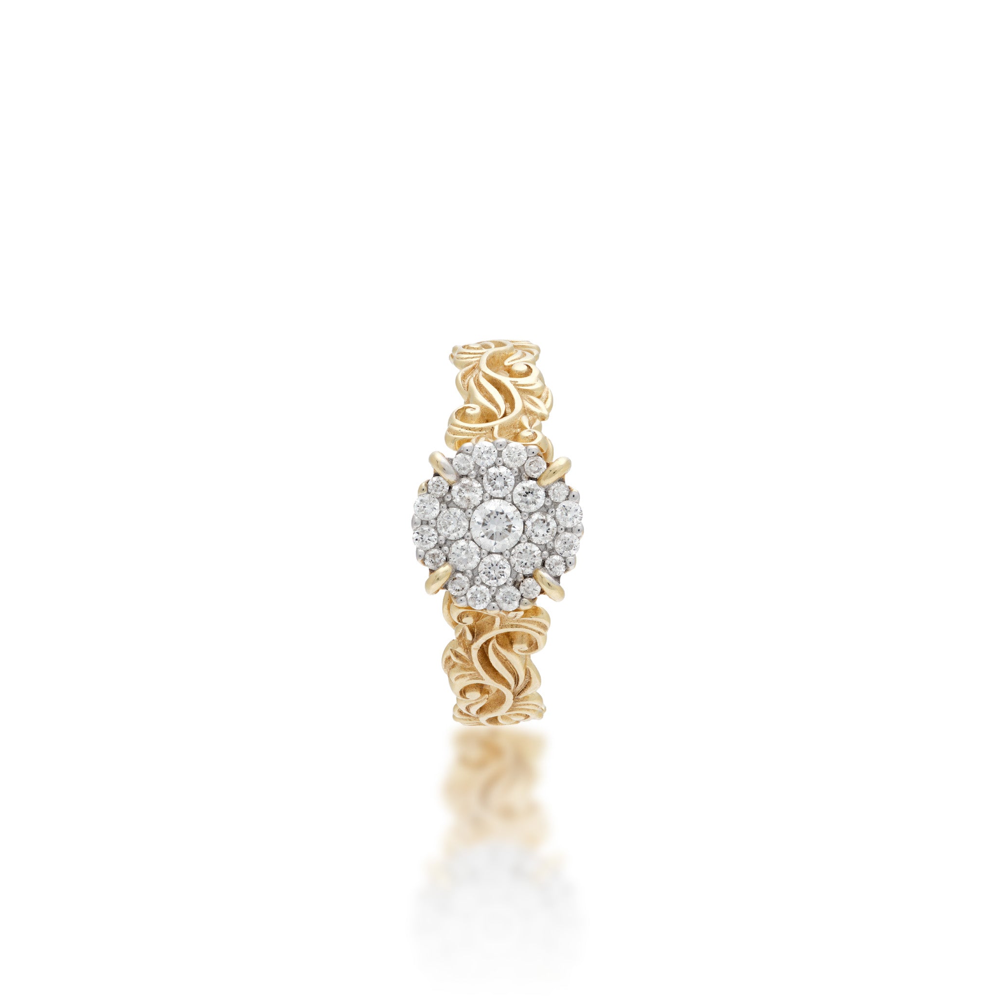 Top view of the Living Heirloom Engagement Ring in Gold with Diamonds on a white background