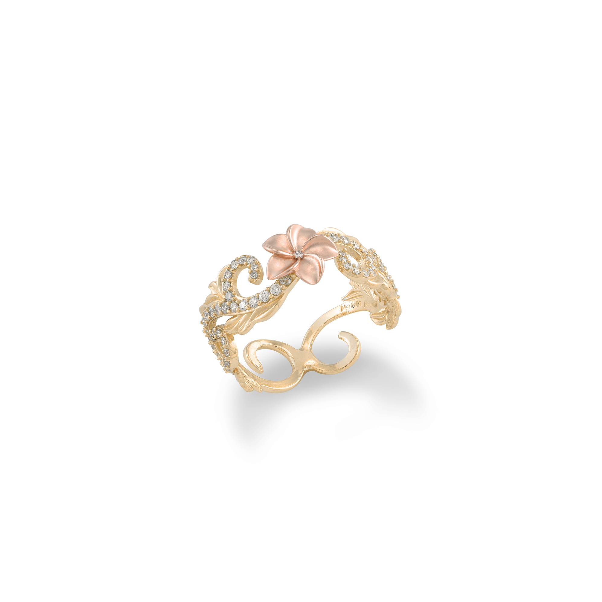 Hawaiian Heirloom Plumeria Ring in Two Tone Gold with Diamonds - 8mm