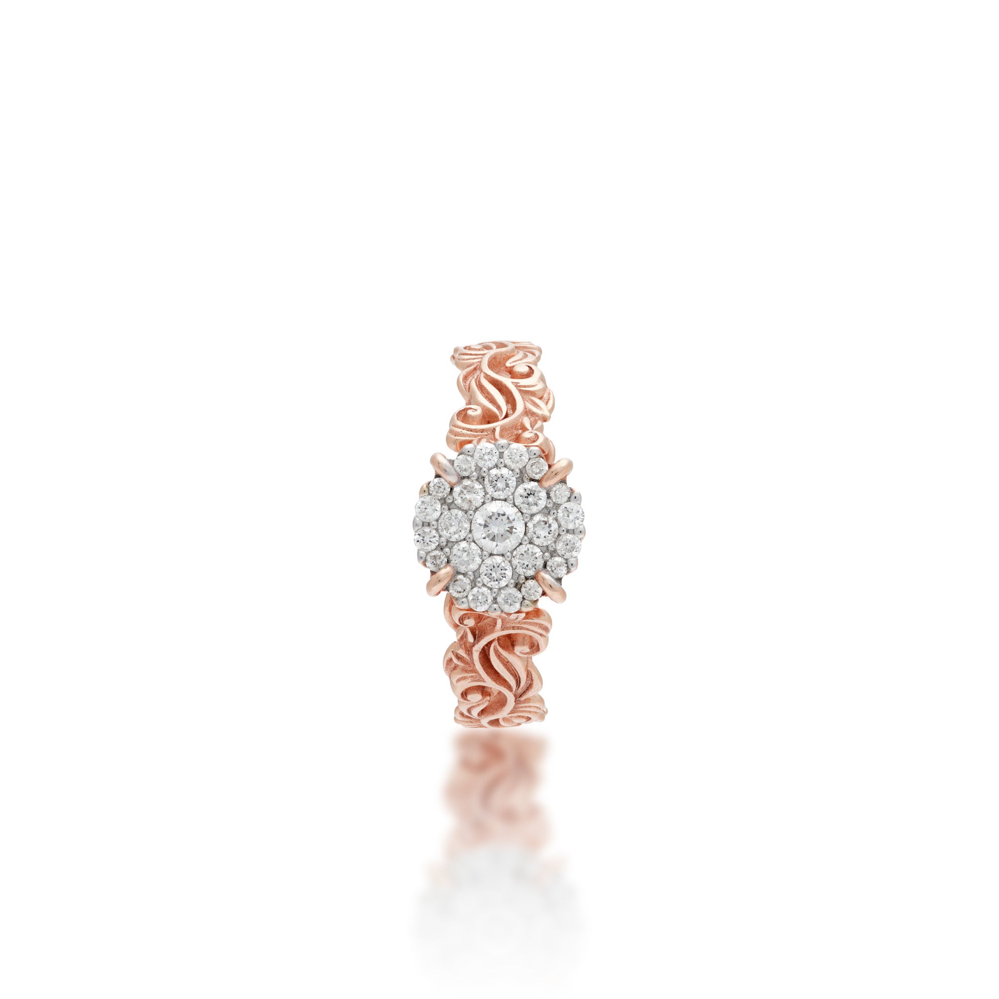 Crown view of the Living Heirloom Engagement Ring in Rose Gold with Diamonds on a white background
