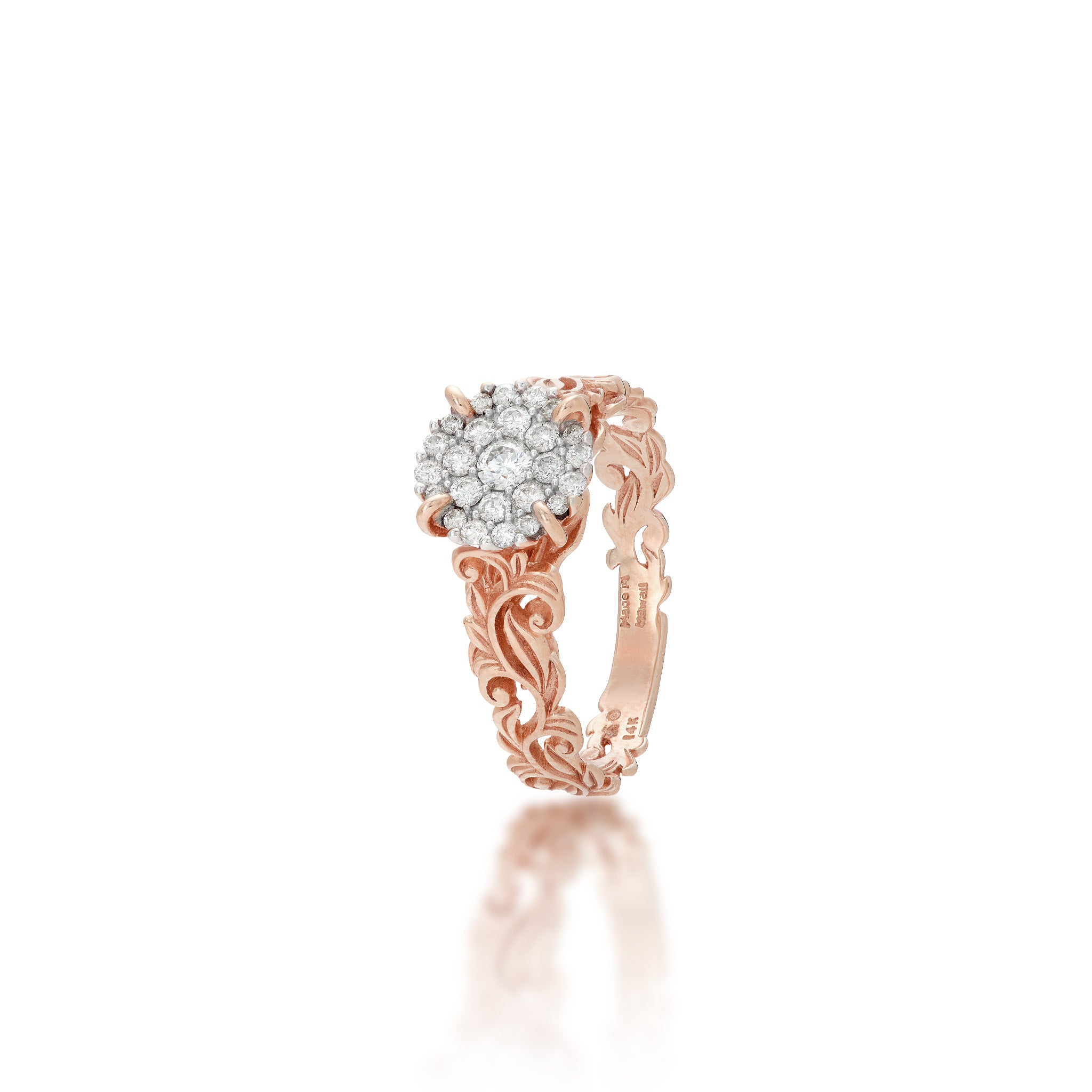 Angle view of the Living Heirloom Engagement Ring in Rose Gold with Diamonds on a white background