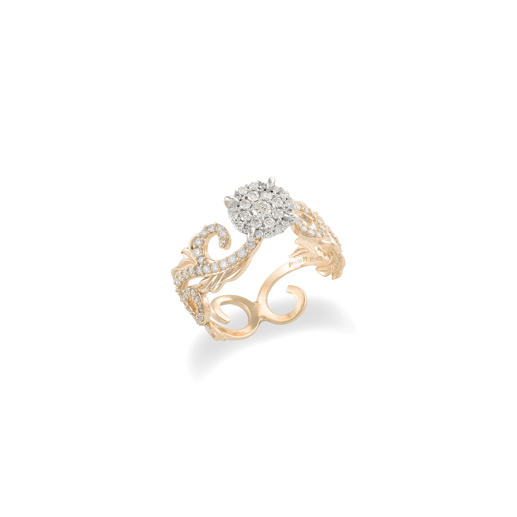 ダイヤモンドと2つのトーンゴールドのハワイアンの家宝婚約指輪