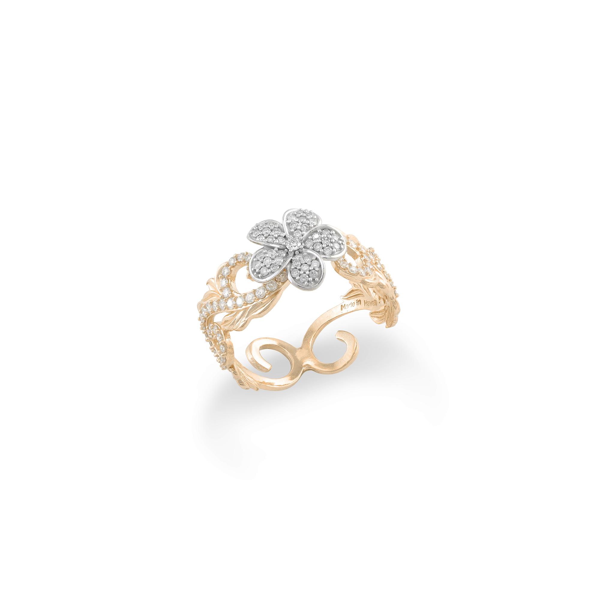 Hawaiian Heirloom Plumeria Ring in Two Tone Gold with Diamonds - 10mm