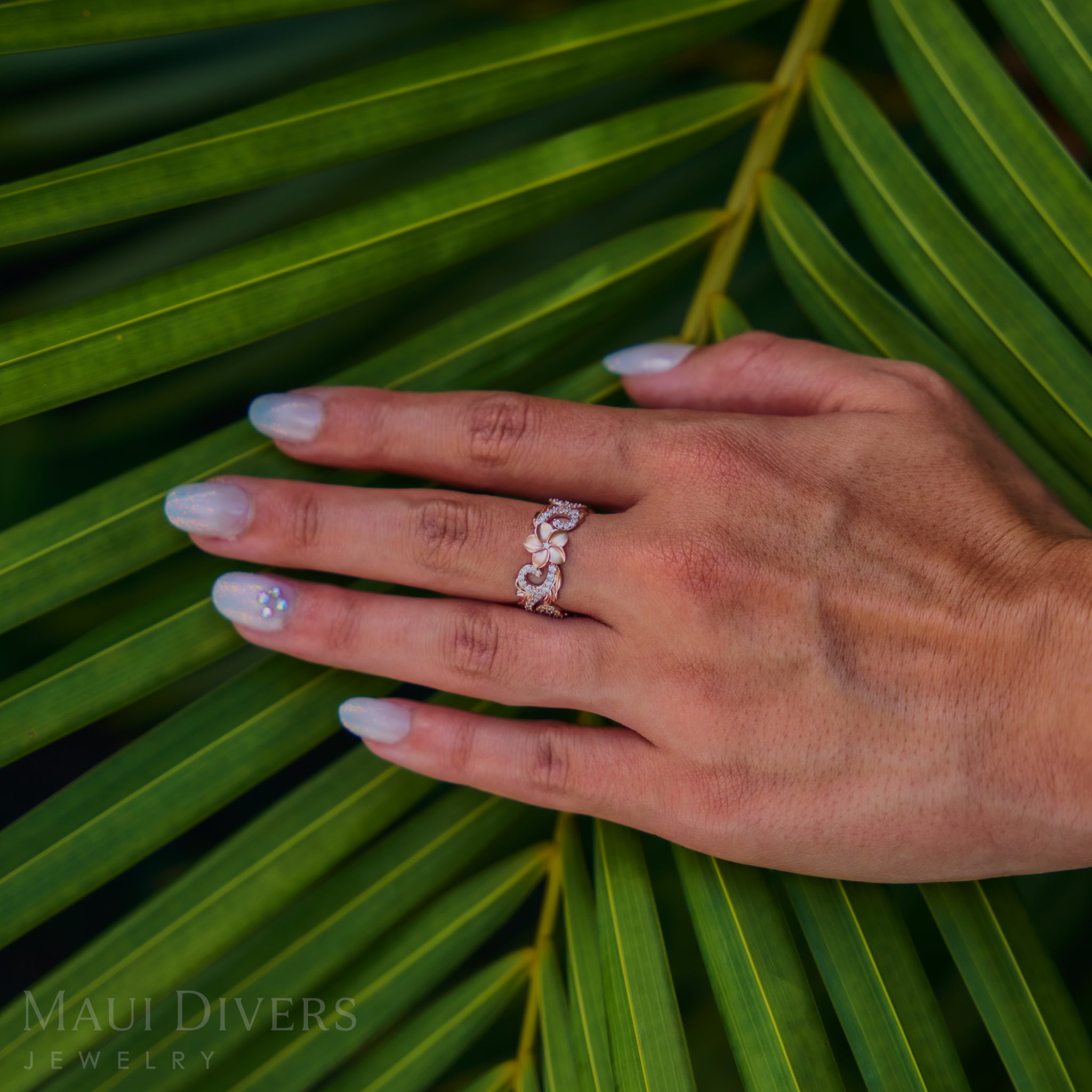 Hawaiian Heirloom Plumeria Ring in Rose Gold with Diamonds