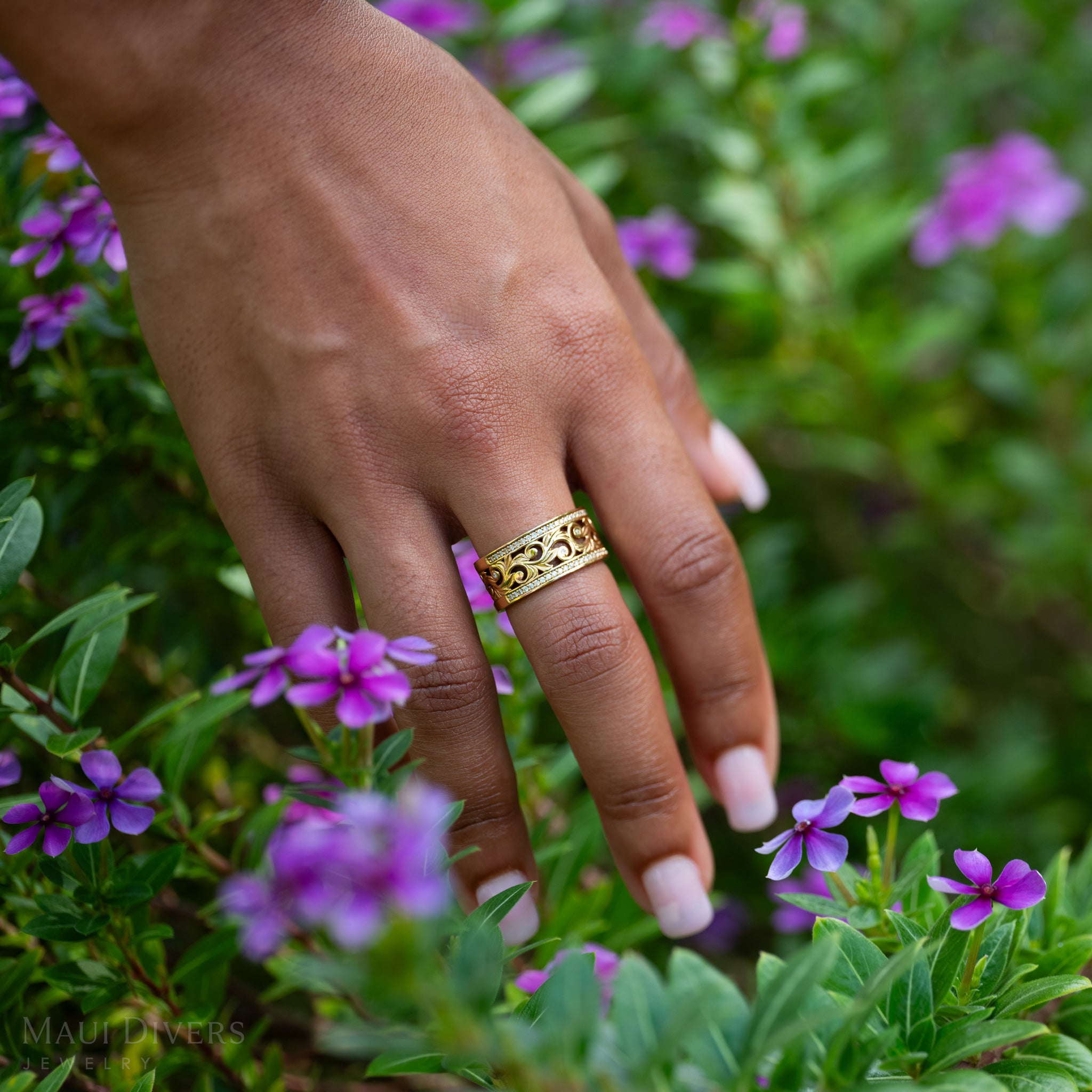 Living Heirloom Scroll Ring in Yellow Gold with Diamonds