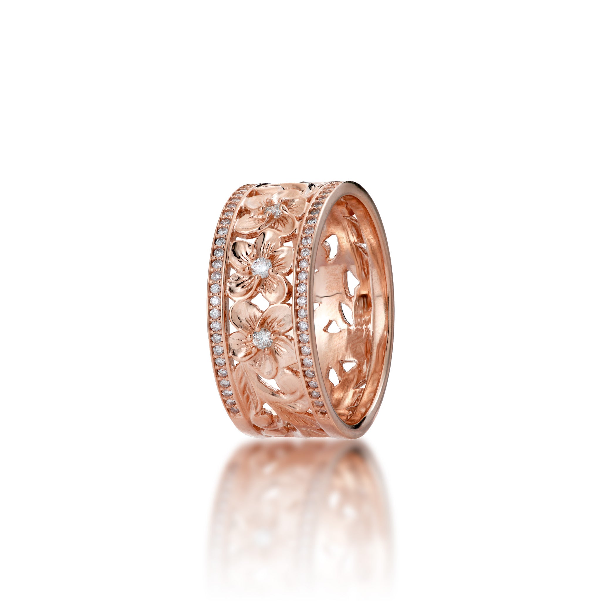 Hawaiian Heirloom Plumeria Ring in Rose Gold with Diamonds - 10mm