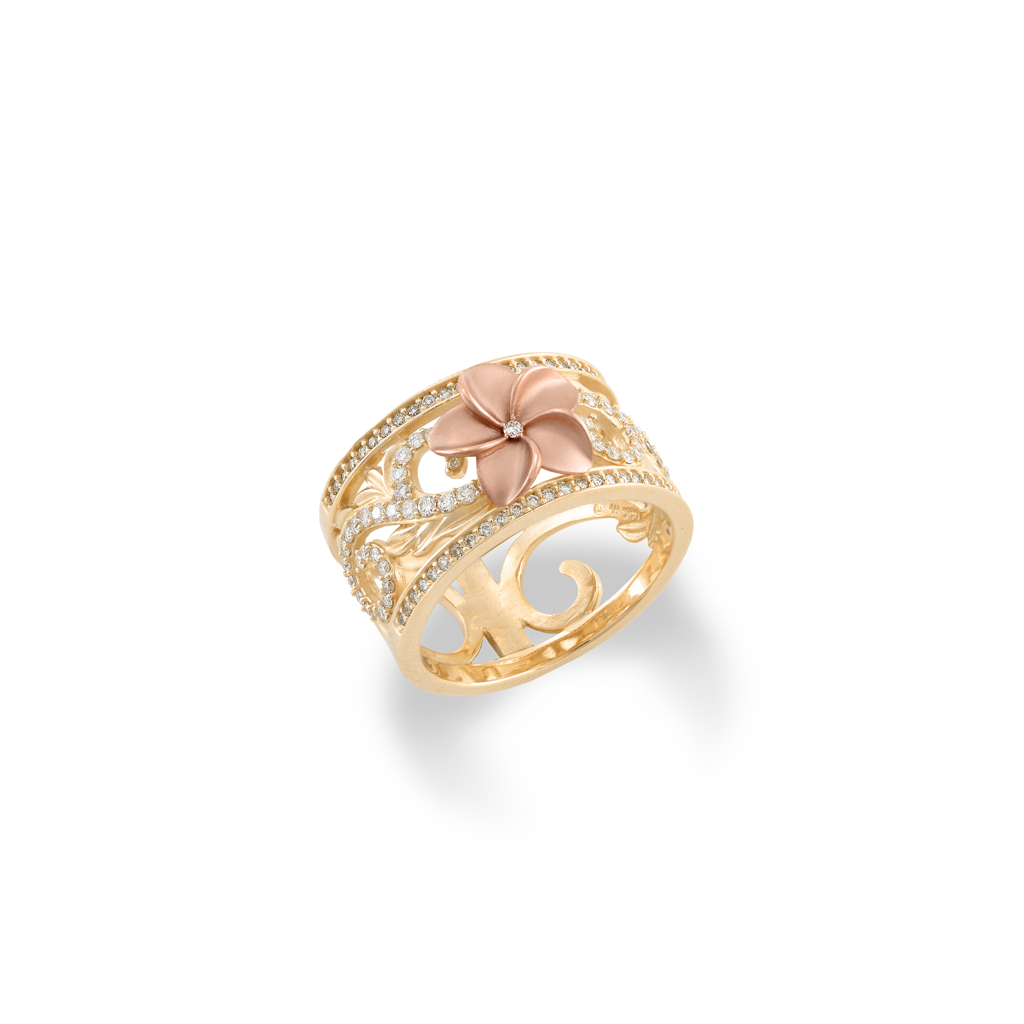 ワカイアンの家宝のプルメリア婚約指輪ダイヤモンドと2つのトーンゴールド -  12mm