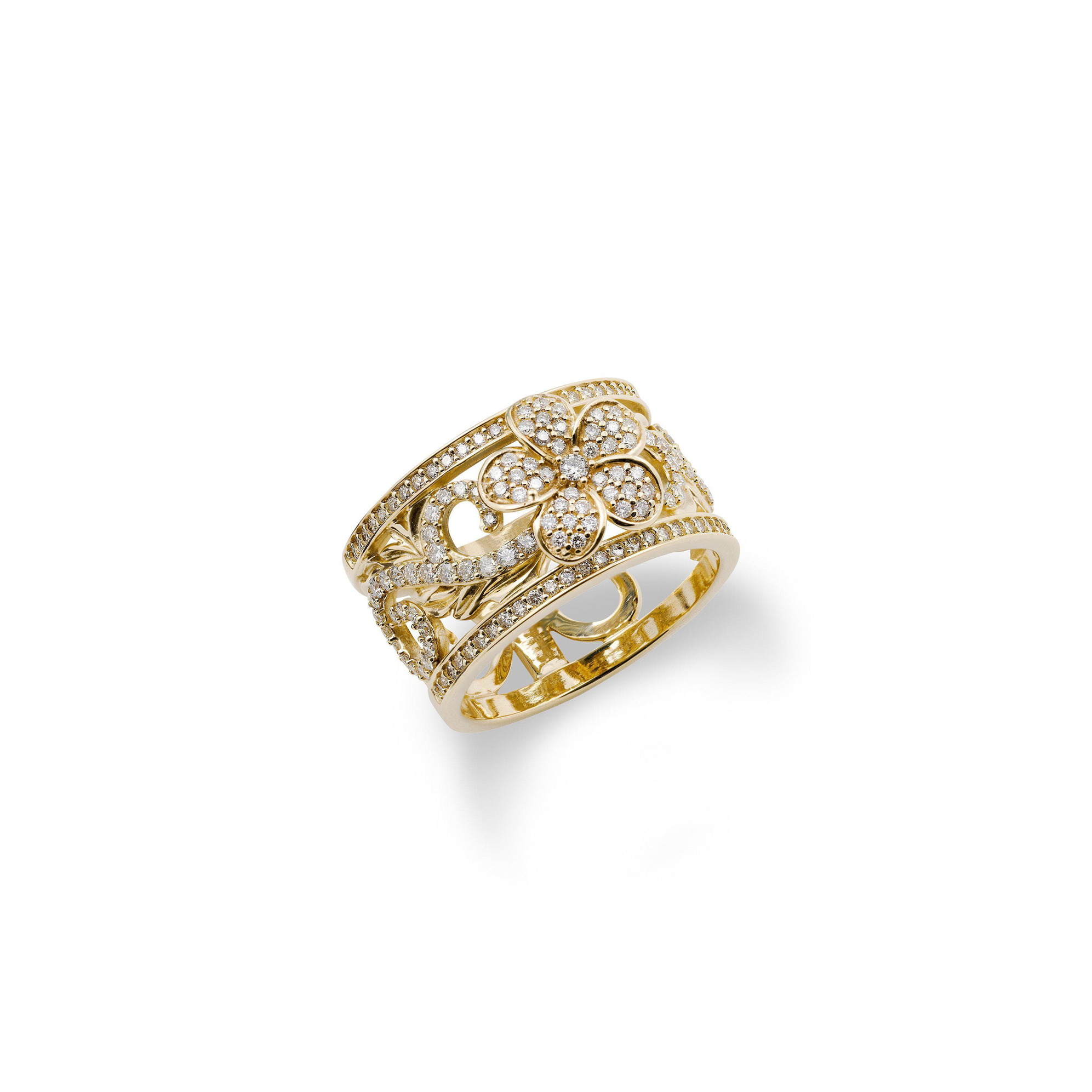ハワイアンの家宝プルメリア婚約指輪とダイヤモンドと金の婚約指輪-12mm