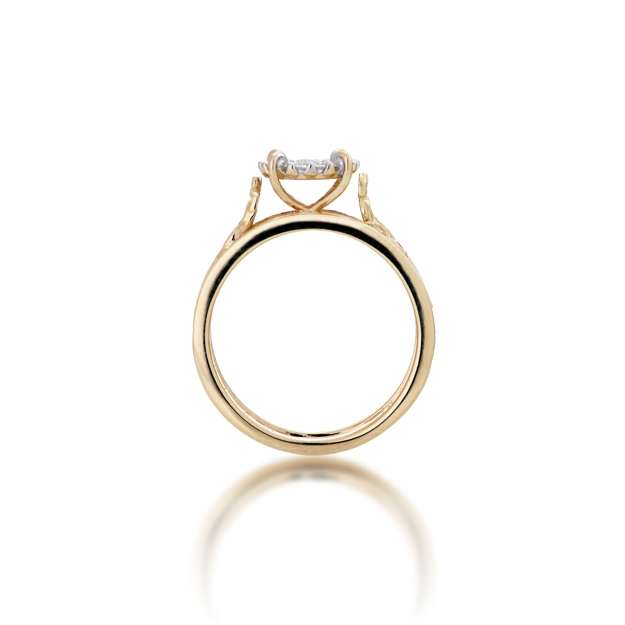 Side view of the 7mm Living Heirloom Engagement Ring in Gold with Diamonds on a white background