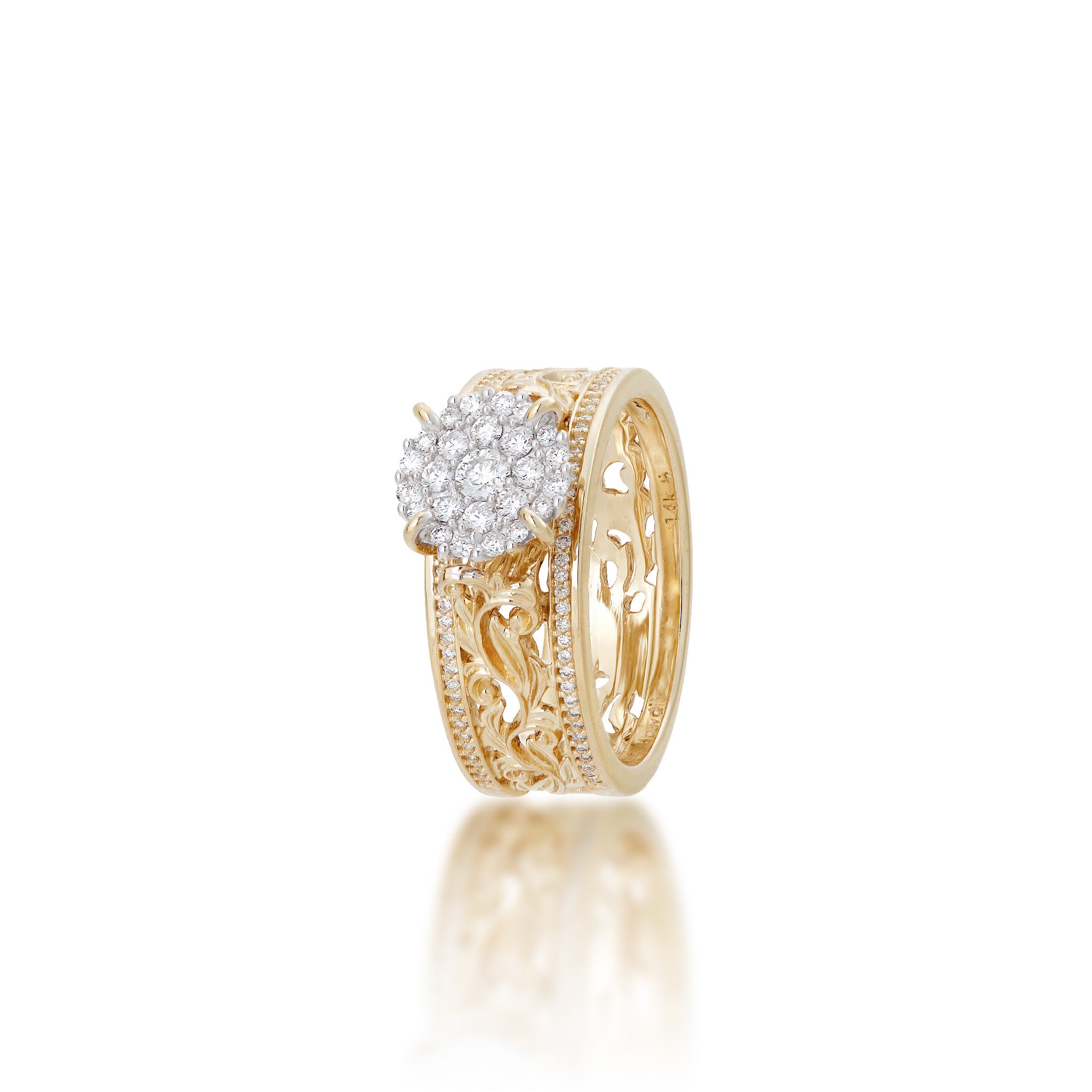 Angle view of the 7mm Living Heirloom Engagement Ring in Gold with Diamonds on a white background