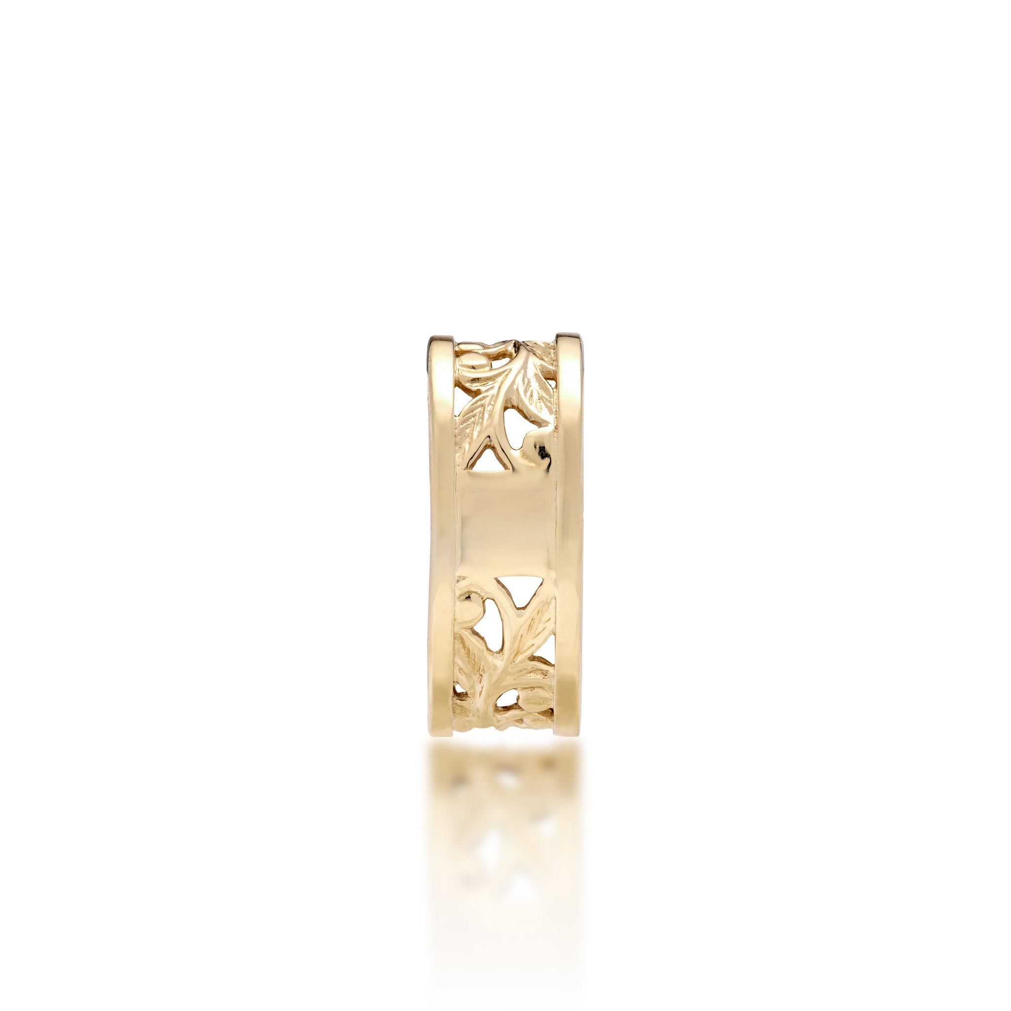 A bottom view of a 14k yellow gold Hawaiian Heirloom Ring showcasing the sizing band and maile leaf and fern scrollwork, shown on a white background