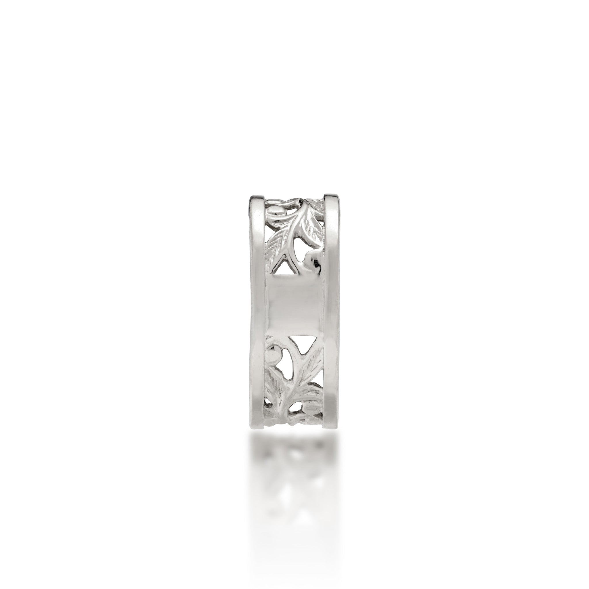 A bottom view of a 14k white gold Hawaiian Heirloom Ring showcasing the sizing band and maile leaf and fern scrollwork, shown on a white background