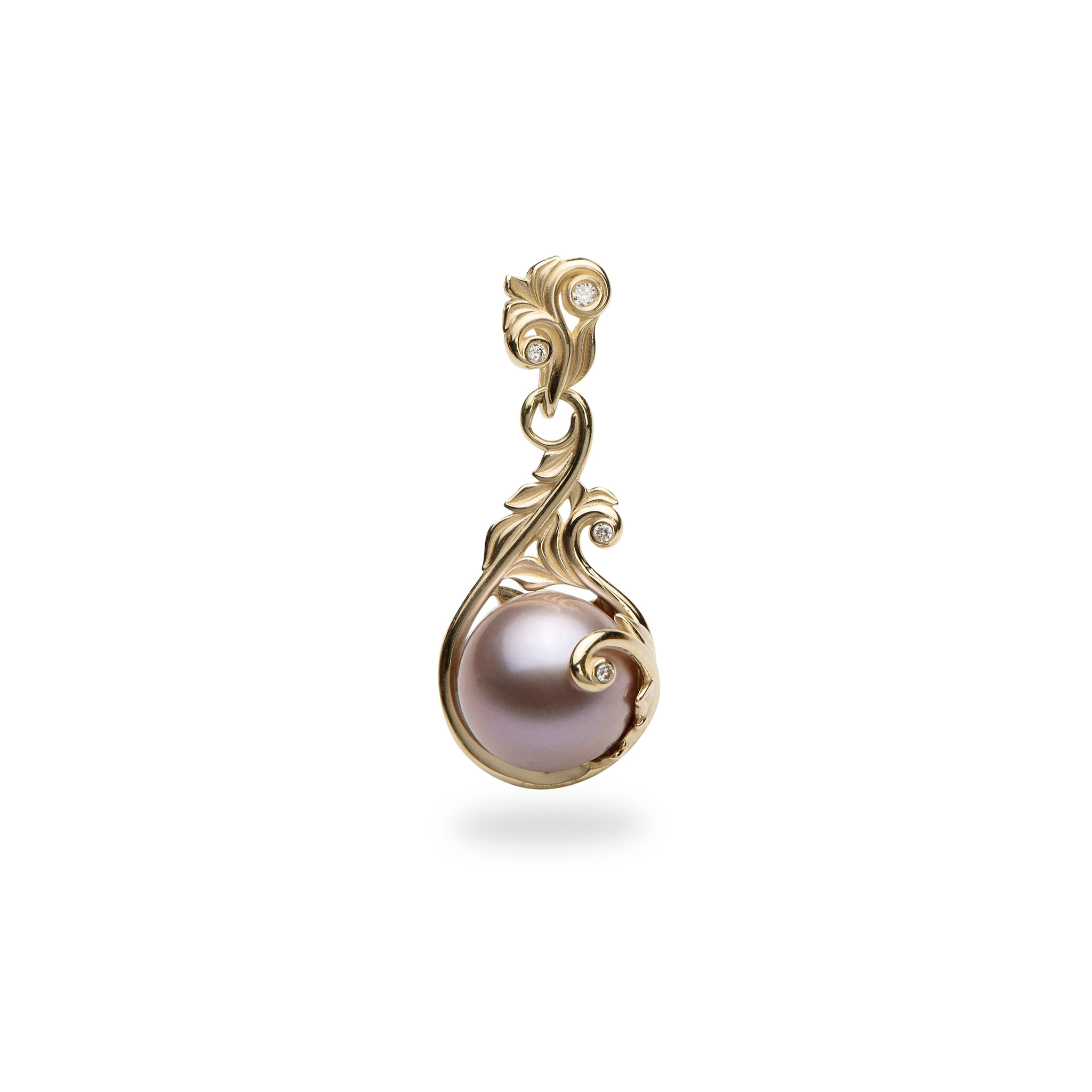 Living Heirloom Lavender Freshwater Pearl Pendant in Gold with Diamonds - 9-10mm
