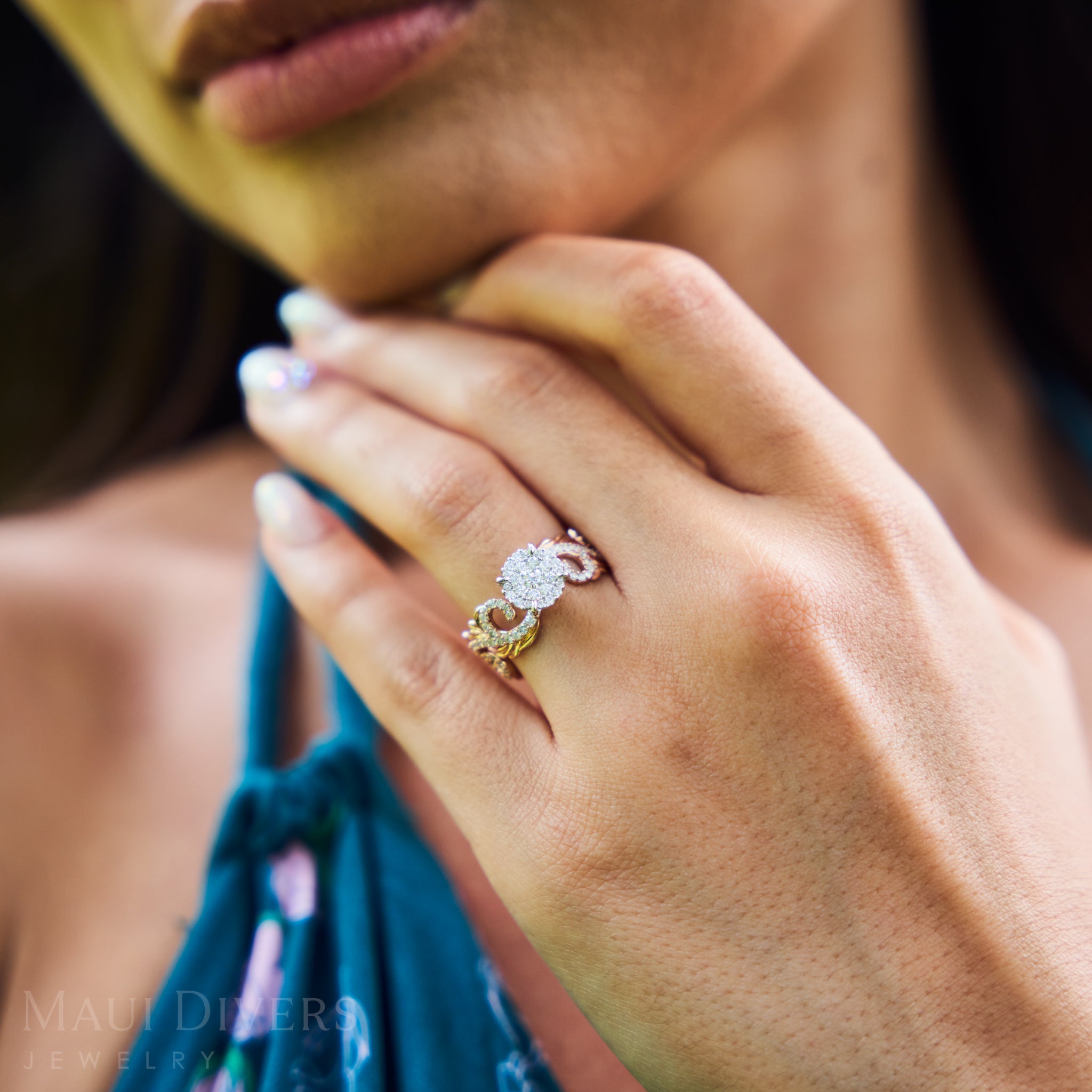 Hawaiian Heirloom Engagement Ring in Two Tone Gold with Diamonds