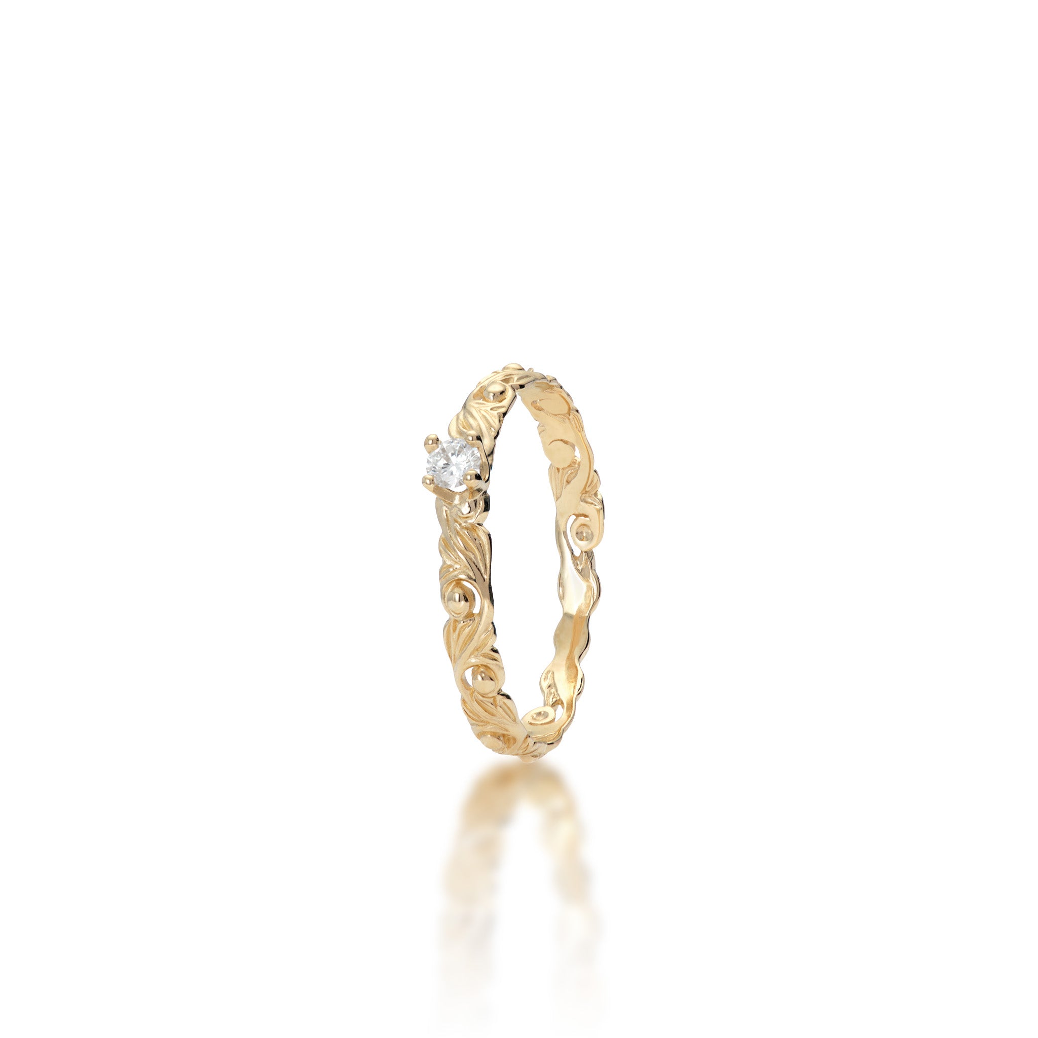 Angled view of the 3mm Living Heirloom Ring in 14k Yellow Gold with Diamond on a white background