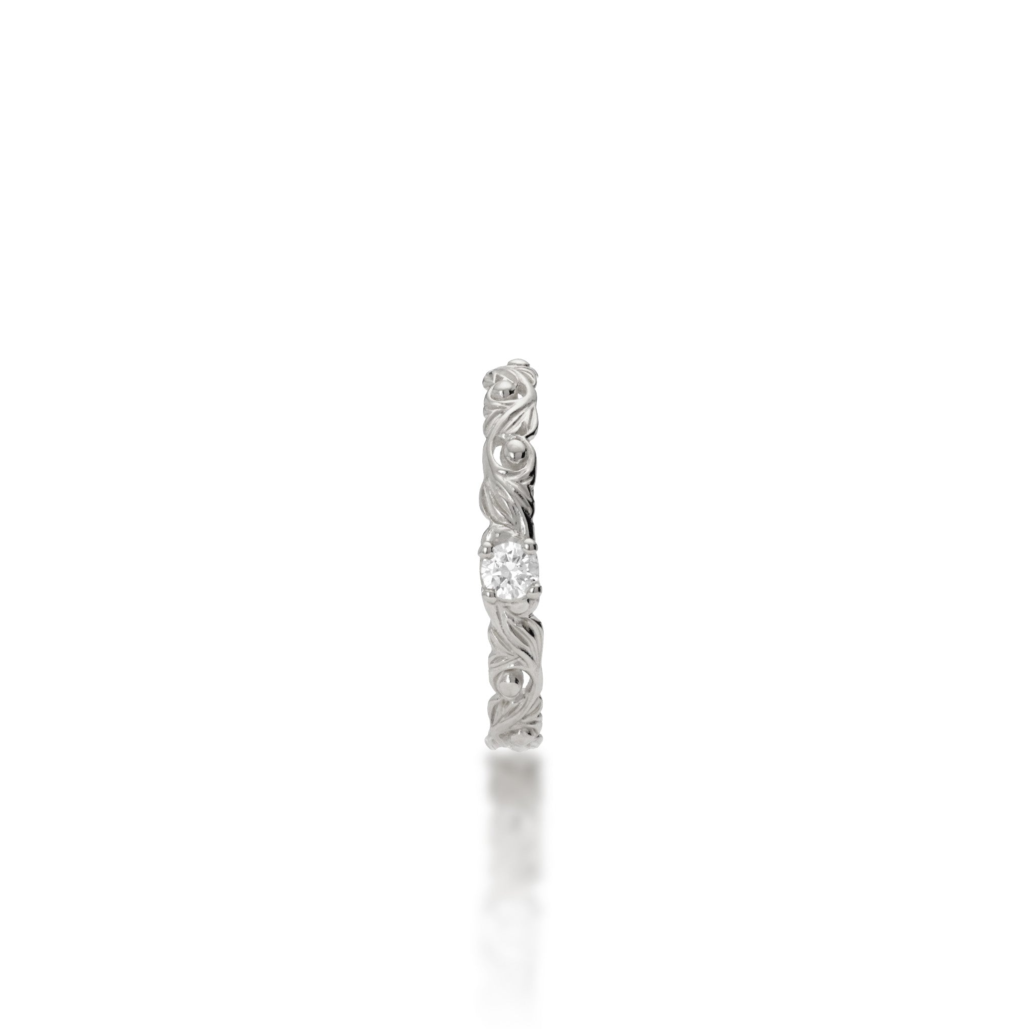 Top view of the 3mm Living Heirloom Ring in 14k White Gold with Diamond on a white background