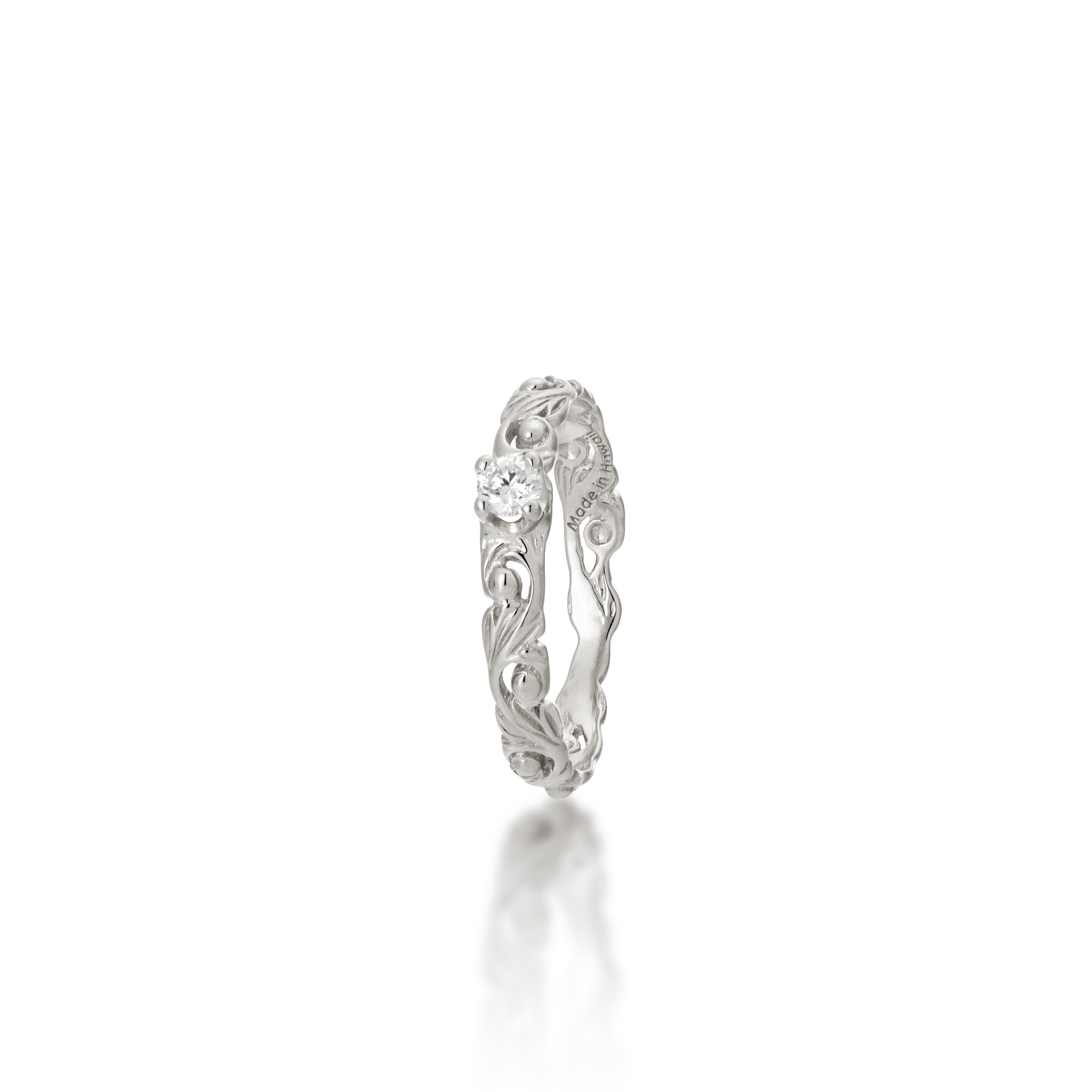 Angled view of the 3mm Living Heirloom Ring in White Gold with Diamonds on a white background
