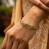 Hawaiian Heirloom Plumeria Bracelet in Tri Color Gold with Diamonds- 8mm on Wrist 