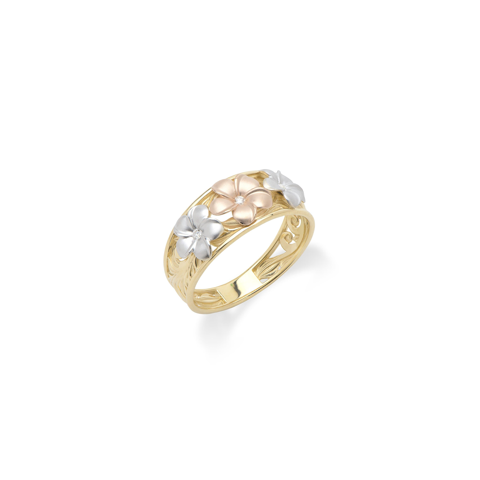 ハワイアンの家宝のプルメリア輪のリングのダイヤモンドと3色の金 -  8mm