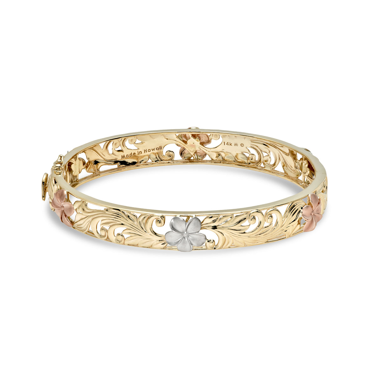 10mm Hawaiian Heirloom Hinge Bracelet in 14k yellow Gold with cut out design of rose and white gold plumeria flowers with diamond accented centers, maile leaves and hapuʻu fern; placed on a white background
