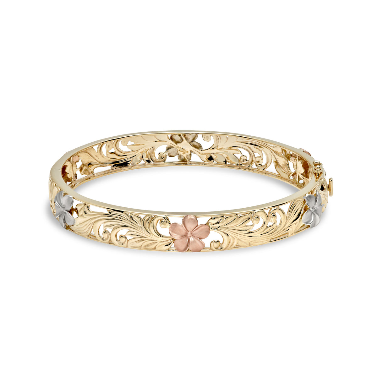 10mm Hawaiian Heirloom Hinge Bracelet in 14k yellow Gold with cut out design of rose and white gold plumeria flowers with diamond accented centers, maile leaves and hapuʻu fern; placed on a white background