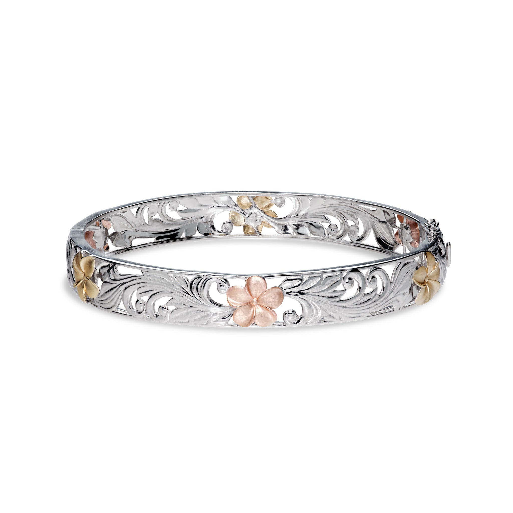 Hawaiian Heirloom Plumeria Hinge Bracelet in Tri Color Gold - 10mm