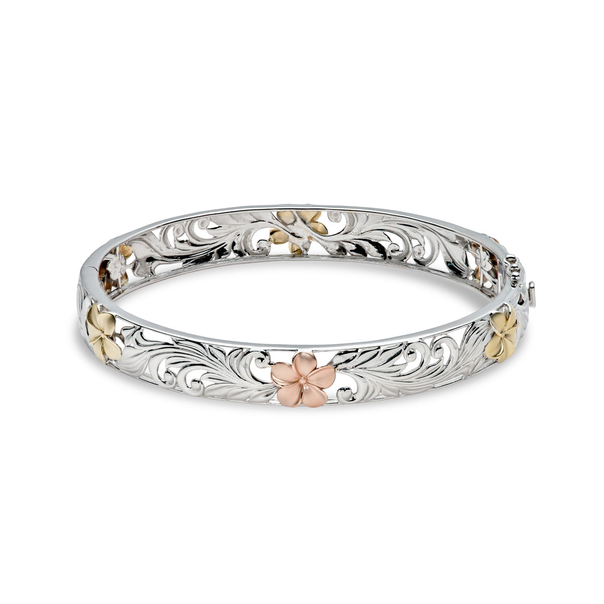 10mm Hawaiian Heirloom Hinge Bracelet in 14k white Gold with cut out design of rose and yellow gold plumeria flowers with diamond accented centers, maile leaves and hapuʻu fern; placed on a white background