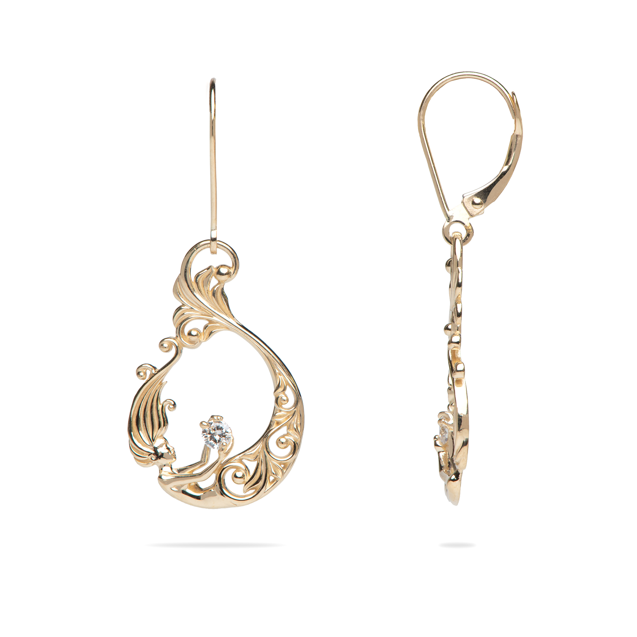 Living Heirloom Mermaid Earrings in Gold with Diamonds - 25mm