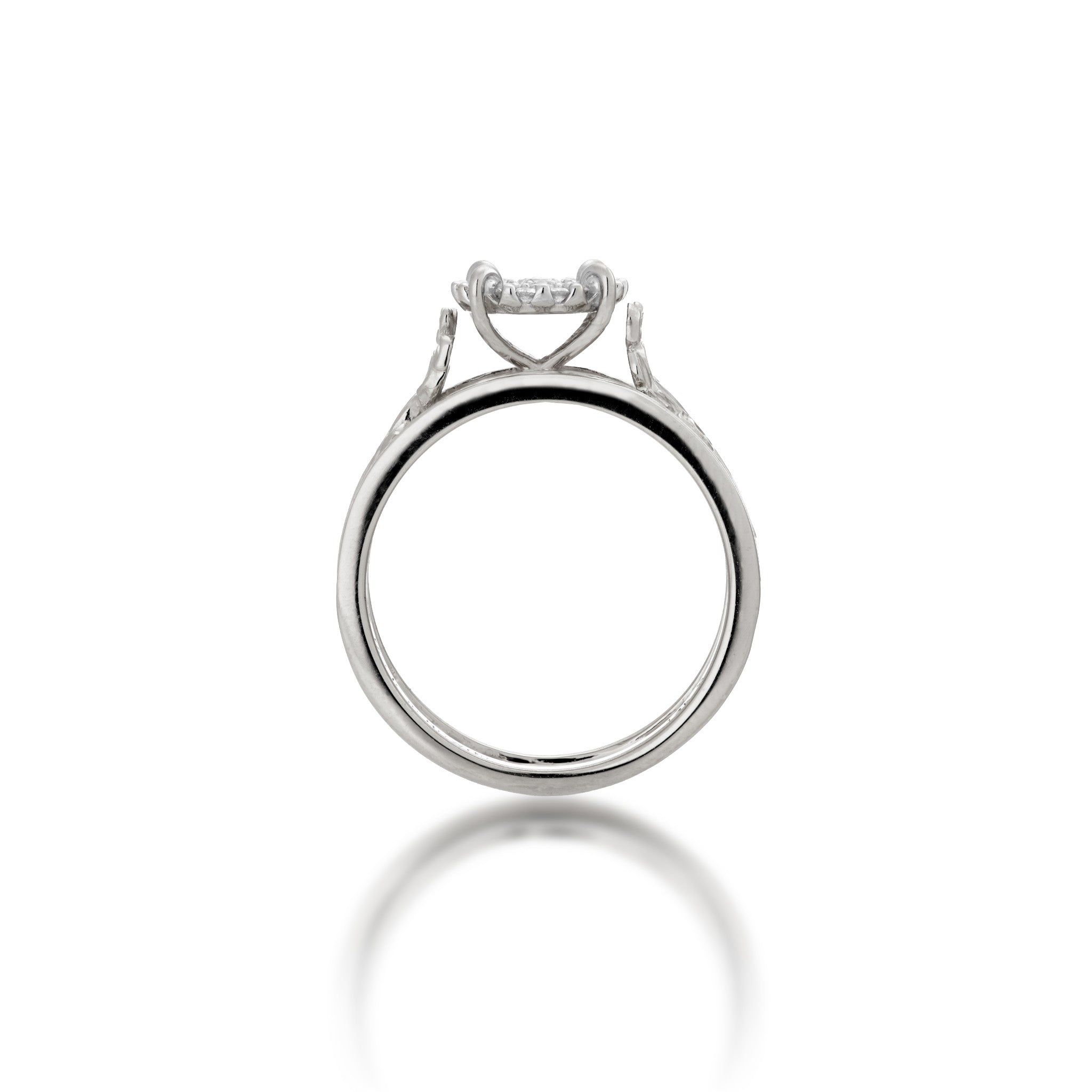 Side view of the 7mm Living Heirloom Engagement Ring in White Gold with Diamonds on a white background