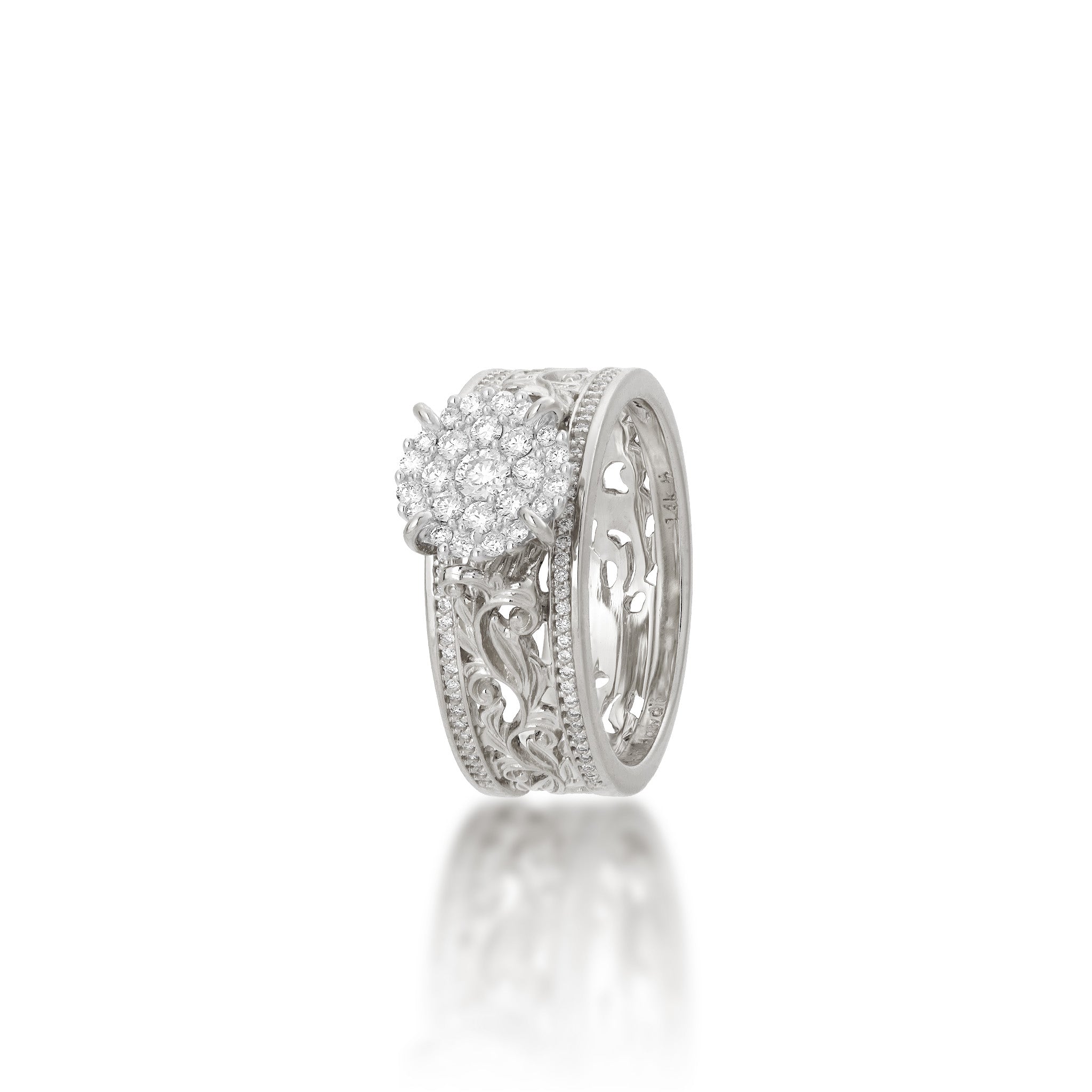 Angled view of the 7mm Living Heirloom Engagement Ring in White Gold with Diamonds on a white background