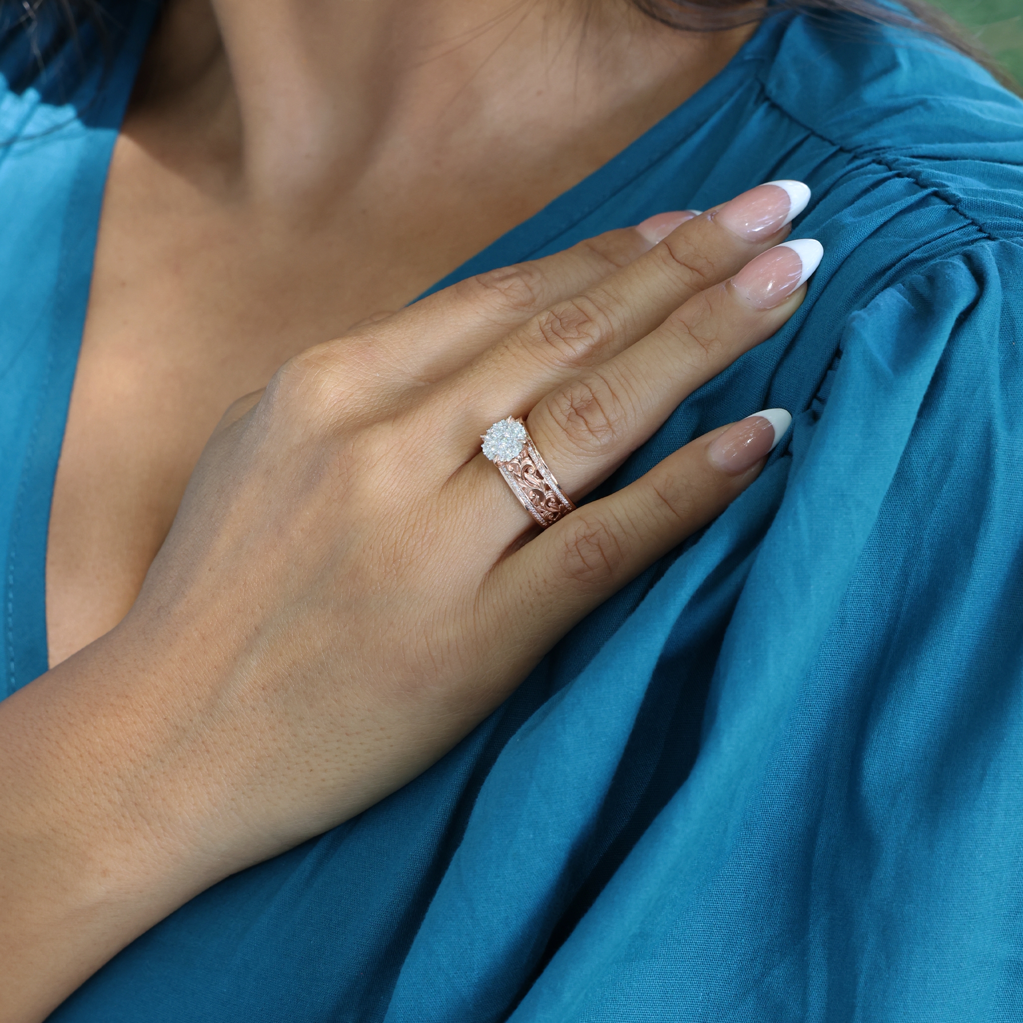 Verlobungsring aus hawaiianischem Erbstück in Roségold mit Diamanten – 7 mm