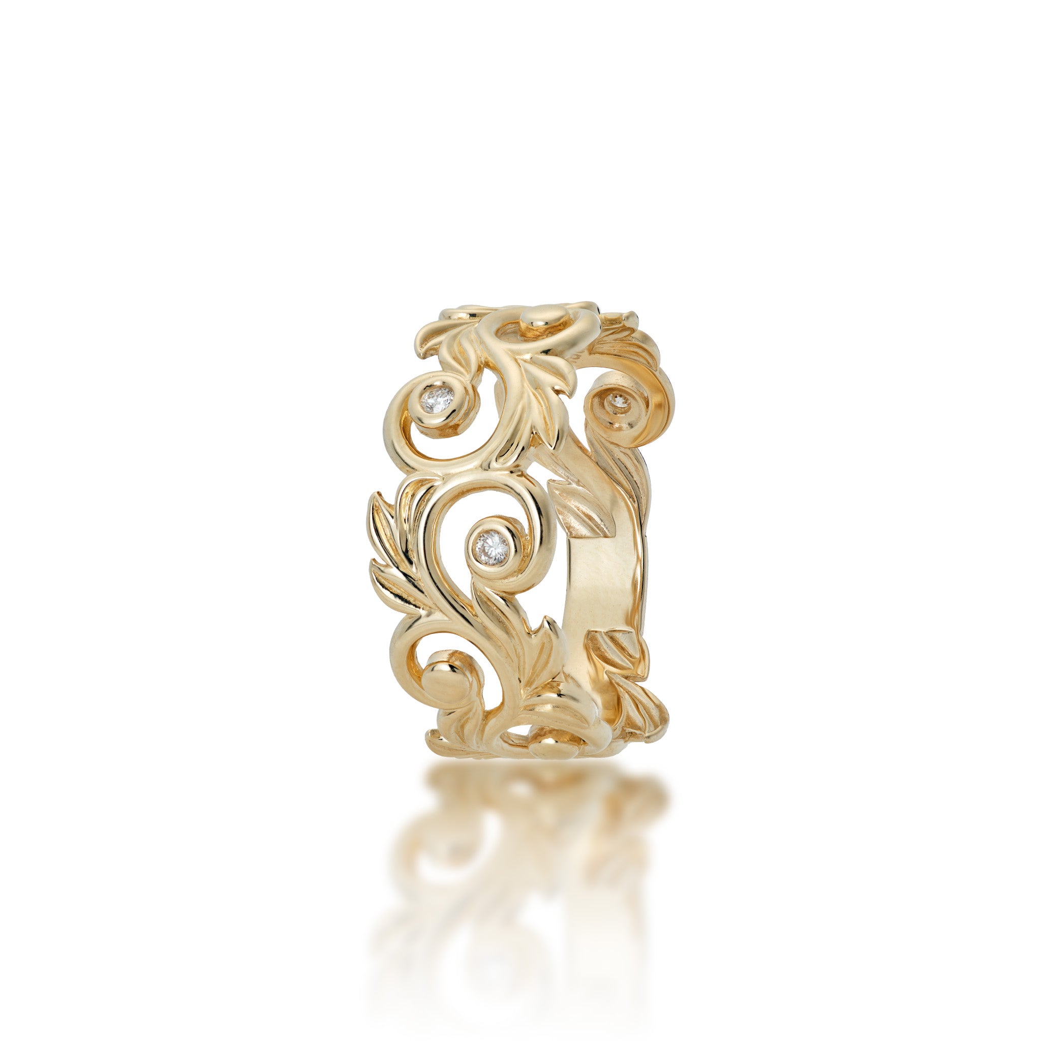 Angle view of the 10mm Living Heirloom Ring in Gold with Diamonds on a white background