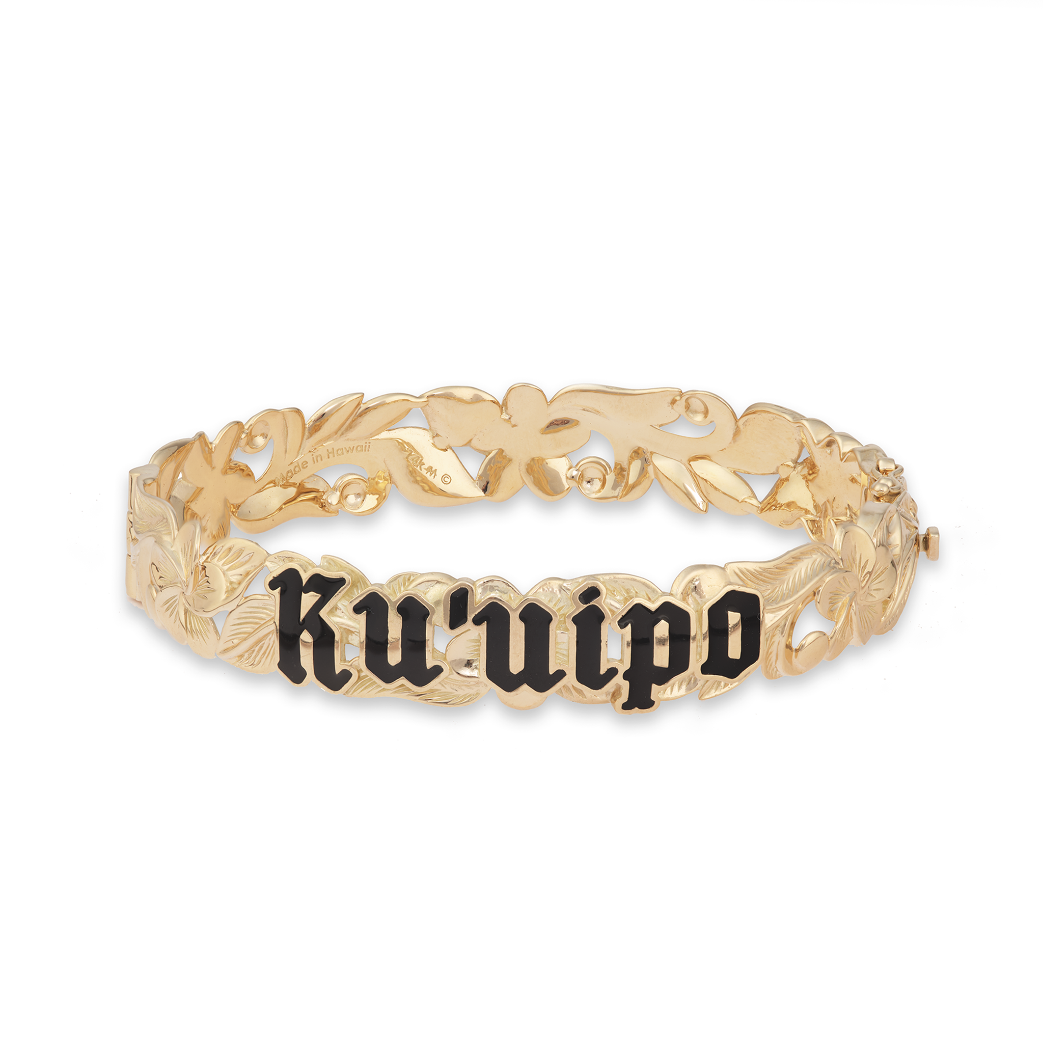 Hawaiian Heirloom Kuʻuipo (Sweetheart) Plumeria Enamel Hinge Bracelet in Gold - 12mm