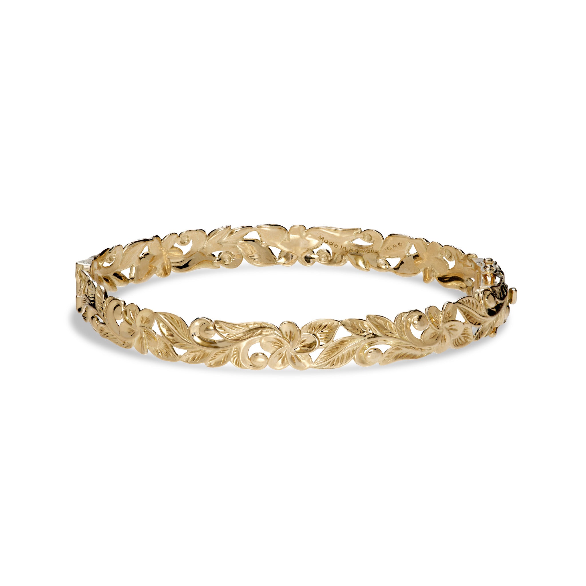 Hawaiian Heirloom Borderless Plumeria Hinge Bracelet in Gold - 8mm